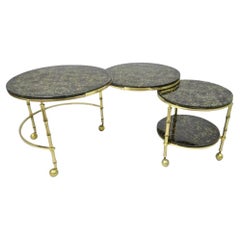 Hollywood Regency Brass & Glass Faux Bamboo Round Nesting Side Coffee Table