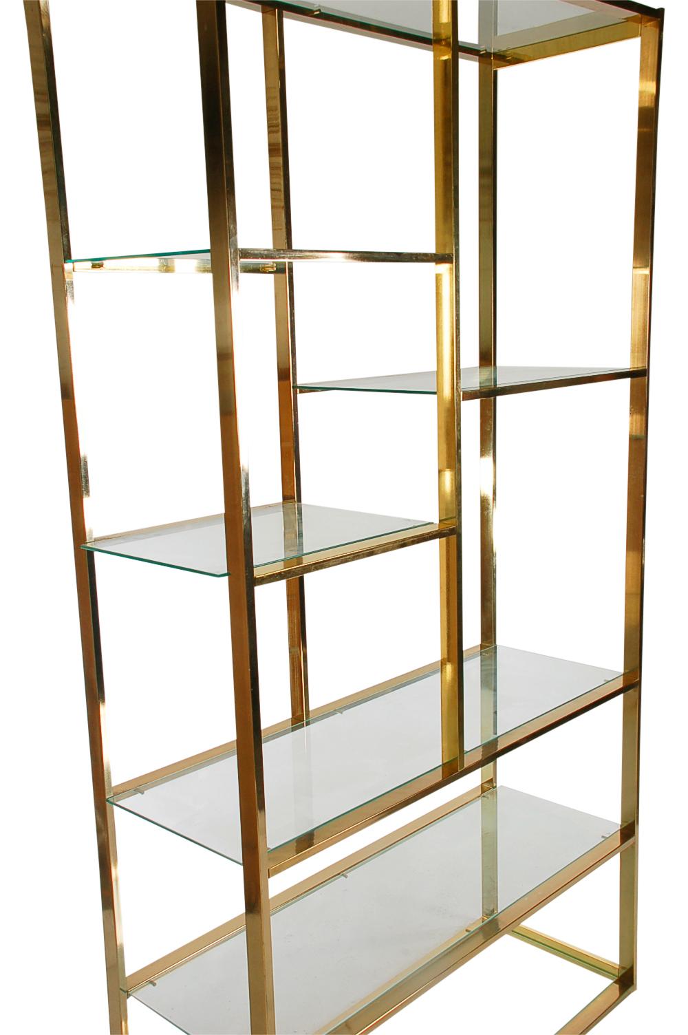 American Hollywood Regency Brass and Glass Wall Unit or Shelving Unit after Milo Baughman