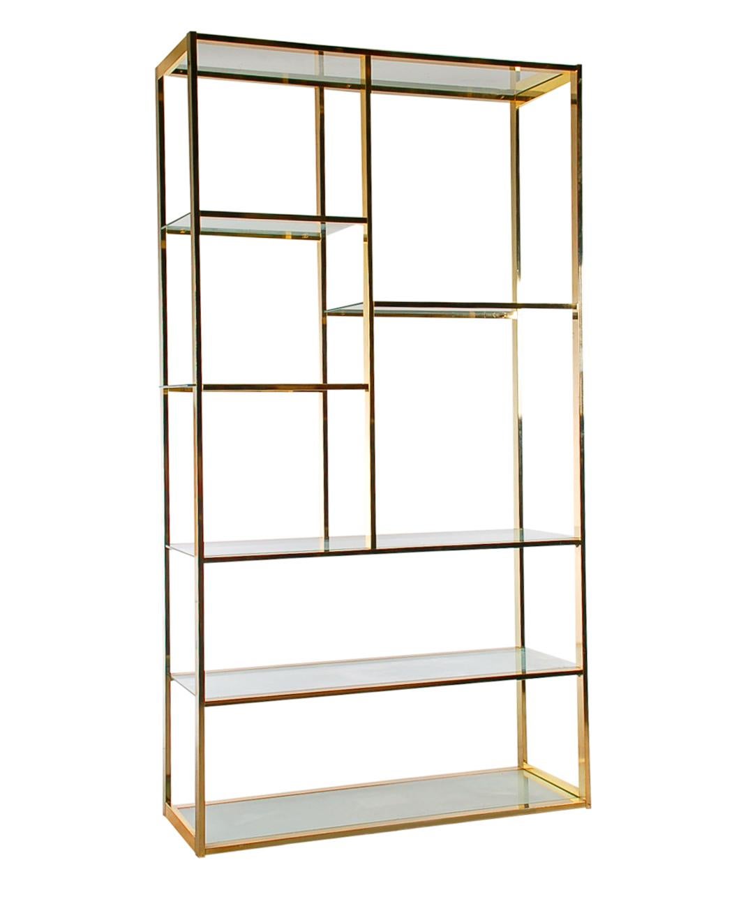 Hollywood Regency Brass and Glass Wall Unit or Shelving Unit after Milo Baughman In Good Condition In Philadelphia, PA