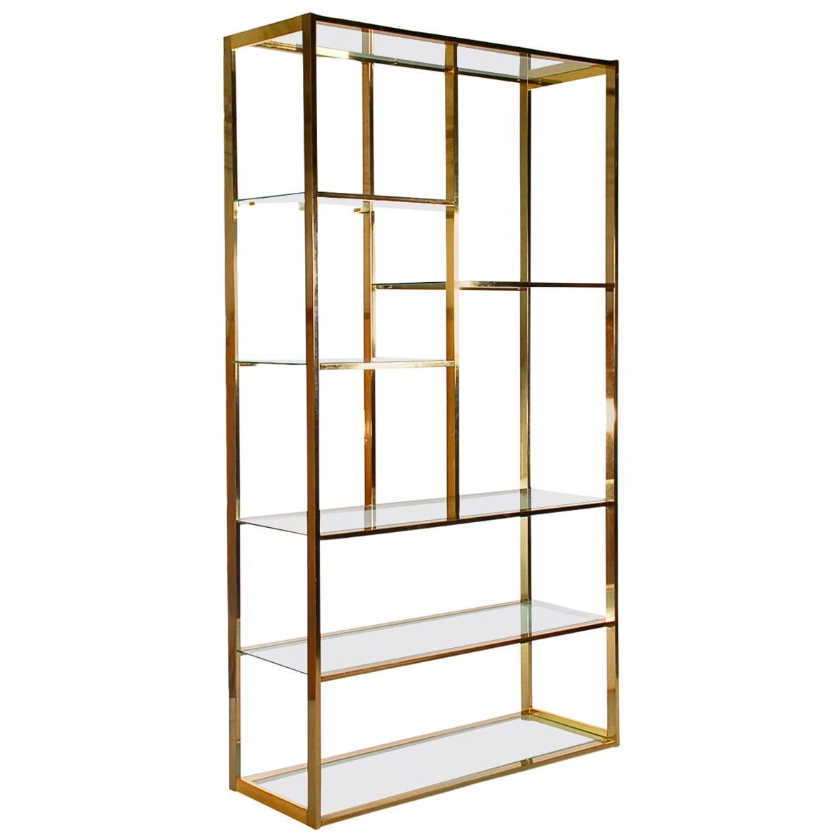 Hollywood Regency Brass and Glass Wall Unit or Shelving Unit after Milo Baughman