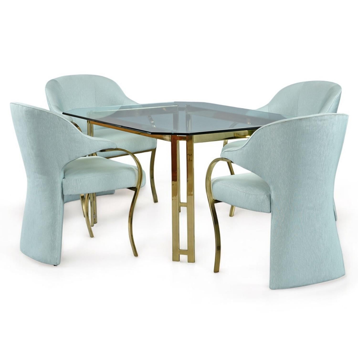 Hollywood Regency Brass Gold and Glass Dining Set with Carson's Armchairs For Sale 3