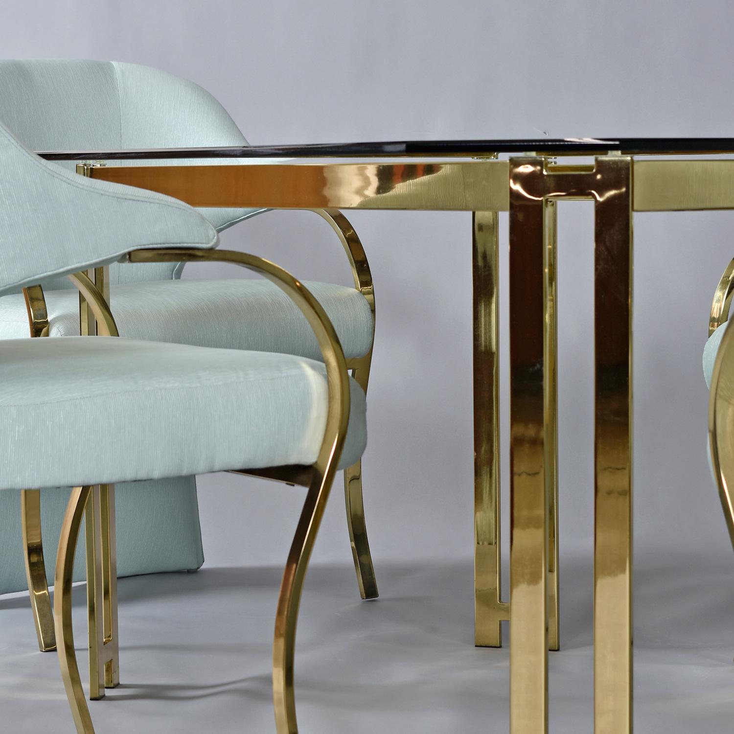 Hollywood Regency Brass Gold and Glass Dining Set with Carson's Armchairs For Sale 4