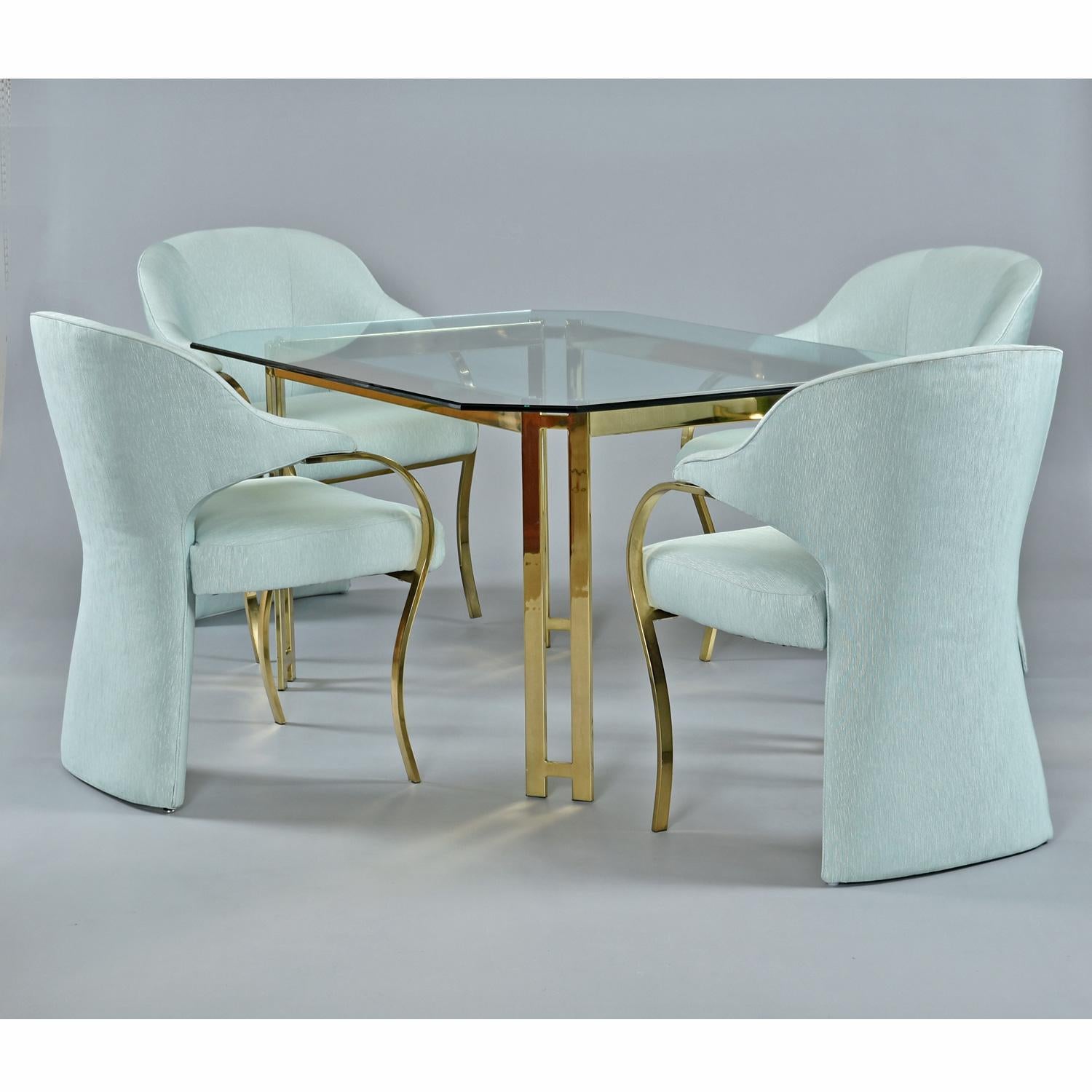 Hollywood Regency Brass Gold and Glass Dining Set with Carson's Armchairs For Sale 6