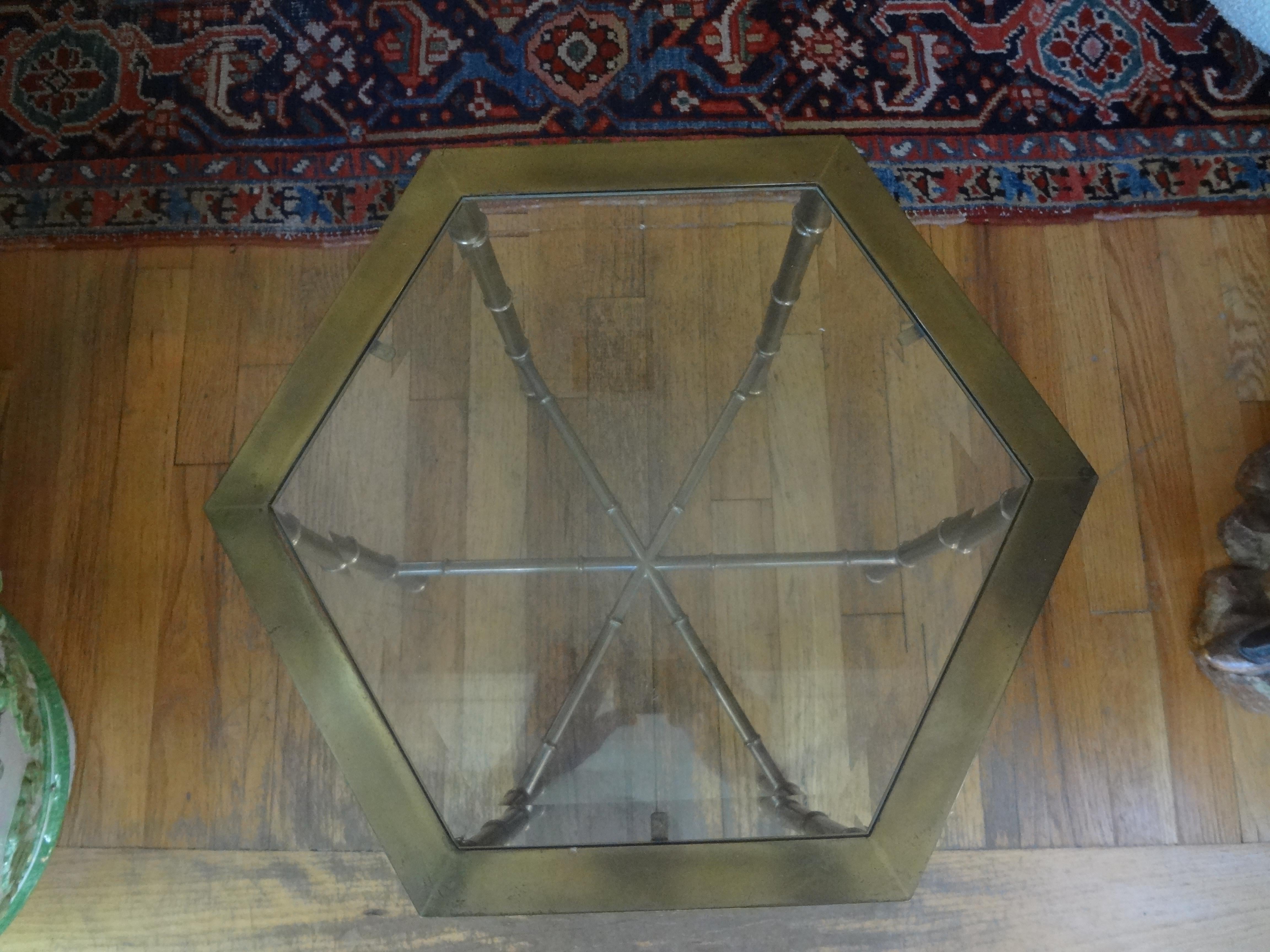 Hollywood Regency Brass Hexagonal Table In Good Condition For Sale In Houston, TX