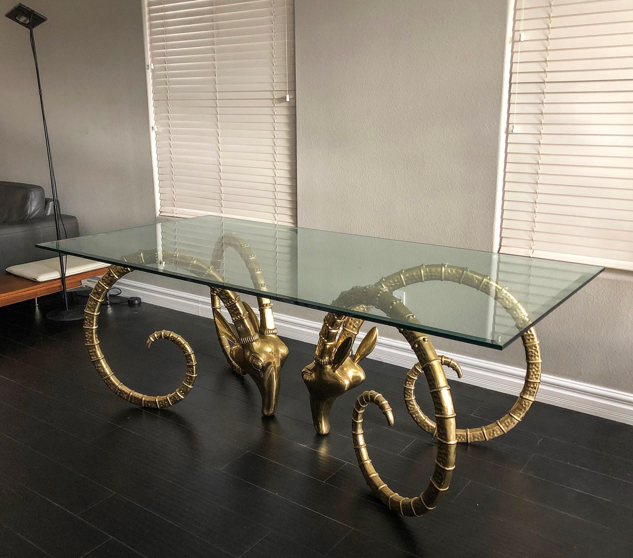 Hollywood Regency Brass Ibex Rams Head Dining Table Attributed to Alain Chervet In Good Condition In Culver City, CA