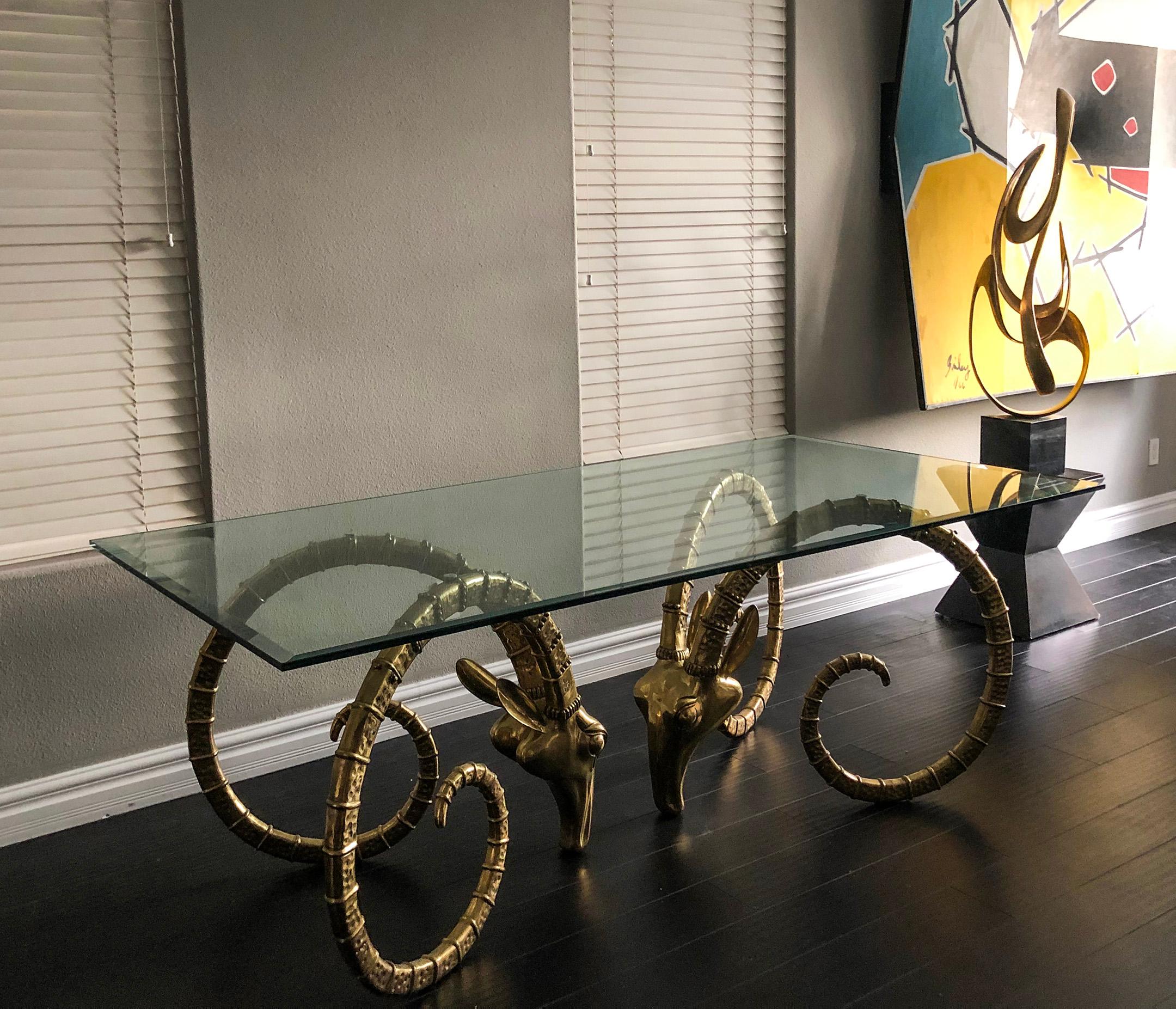 Late 20th Century Hollywood Regency Brass Ibex Rams Head Dining Table Attributed to Alain Chervet