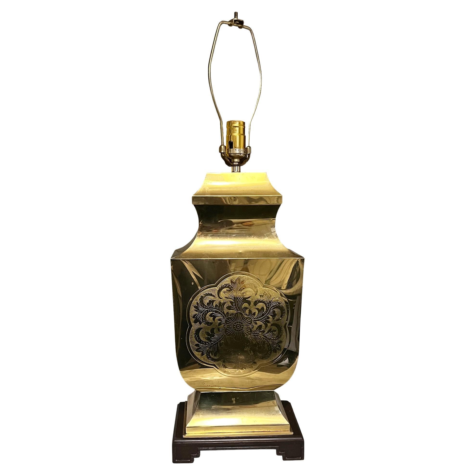 Hollywood Regency Brass Lamp on Wood Base, Etched Floral Motif For Sale