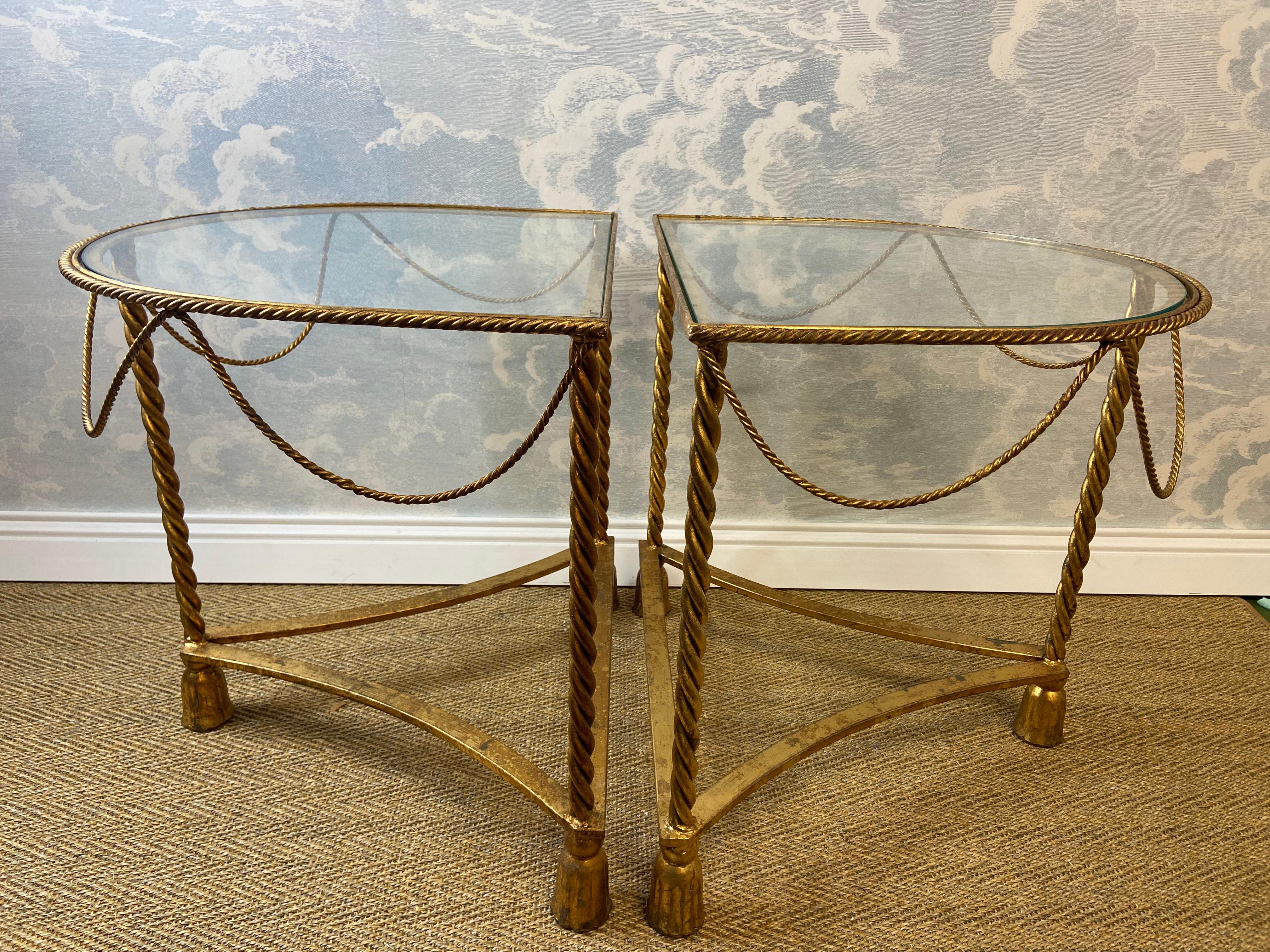 Hollywood Regency Brass Metal Rope Tassel Half Round Side Tables Italy 1970s For Sale 5