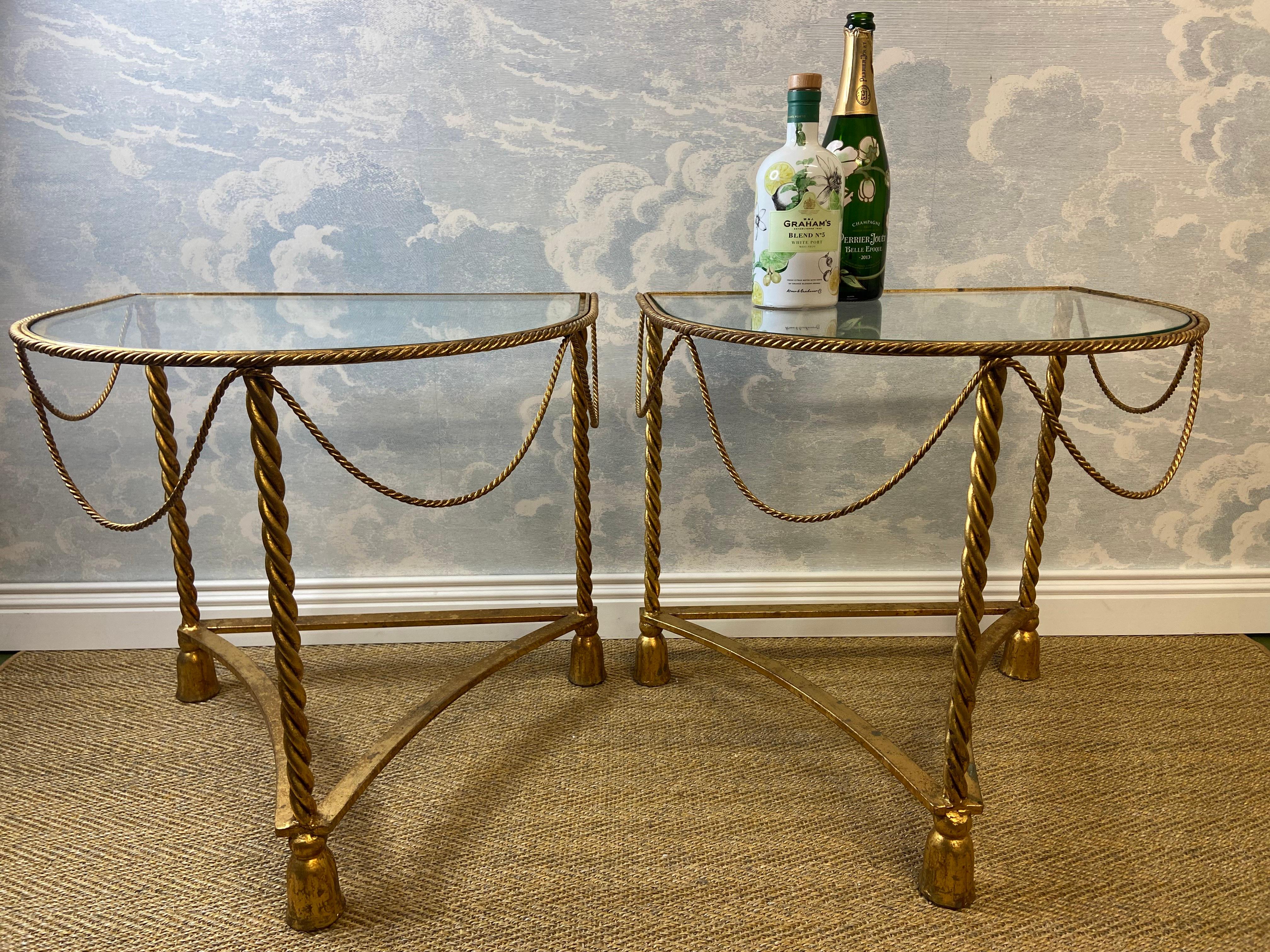 Italian Hollywood Regency Brass Metal Rope Tassel Half Round Side Tables Italy 1970s For Sale