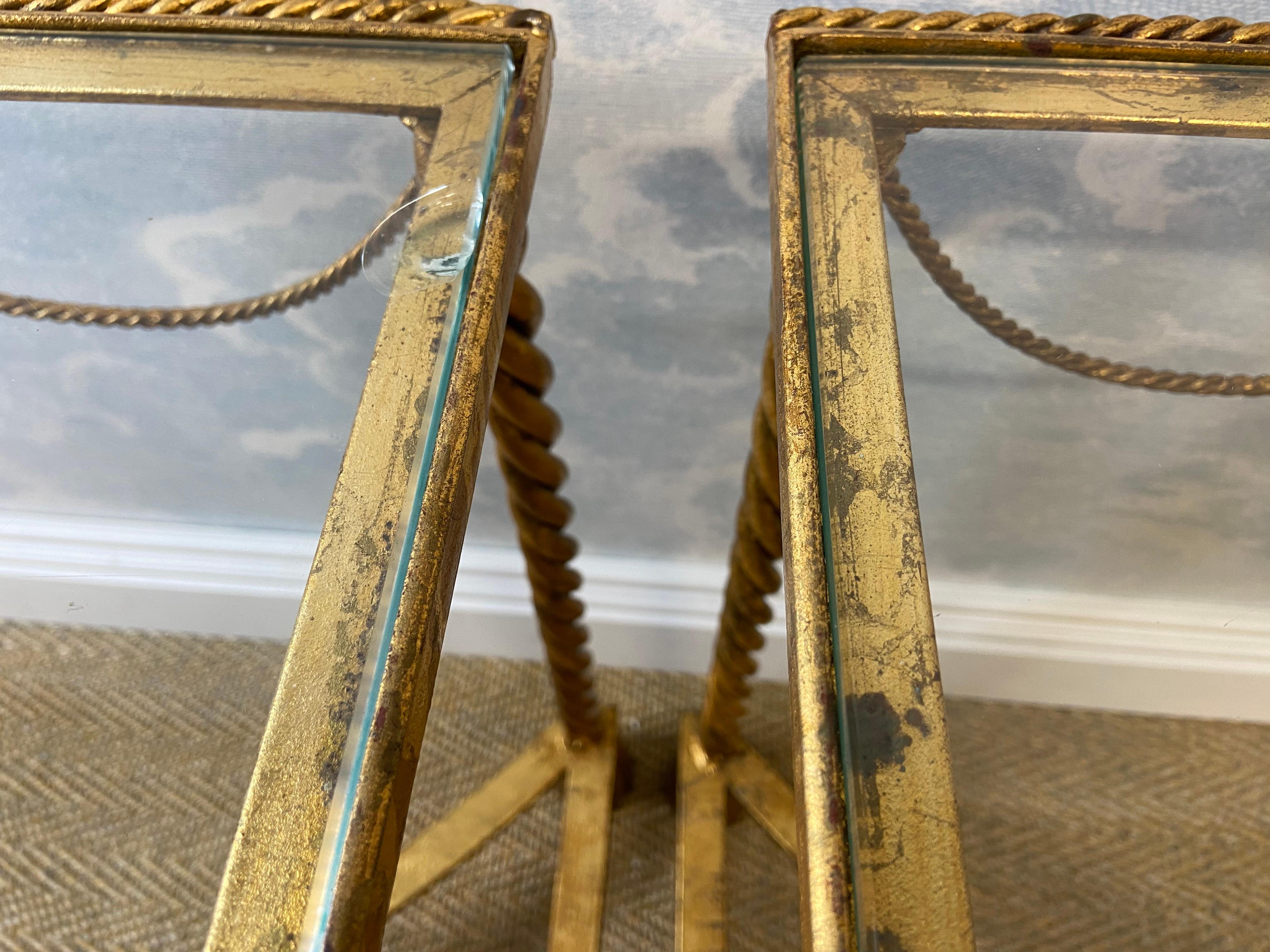 Hollywood Regency Brass Metal Rope Tassel Half Round Side Tables Italy 1970s In Good Condition For Sale In Cork, IE