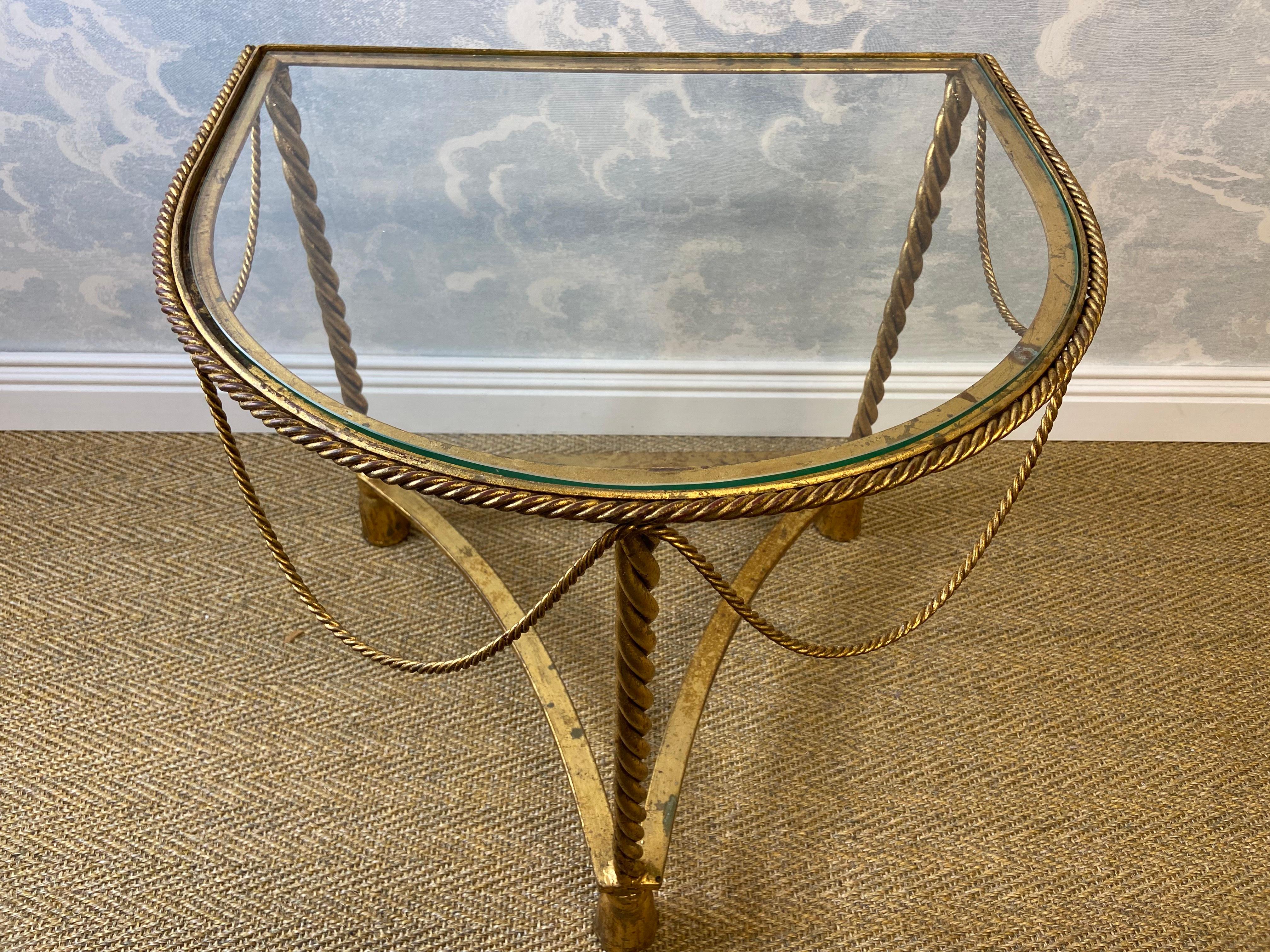 Hollywood Regency Brass Metal Rope Tassel Half Round Side Tables Italy 1970s For Sale 1