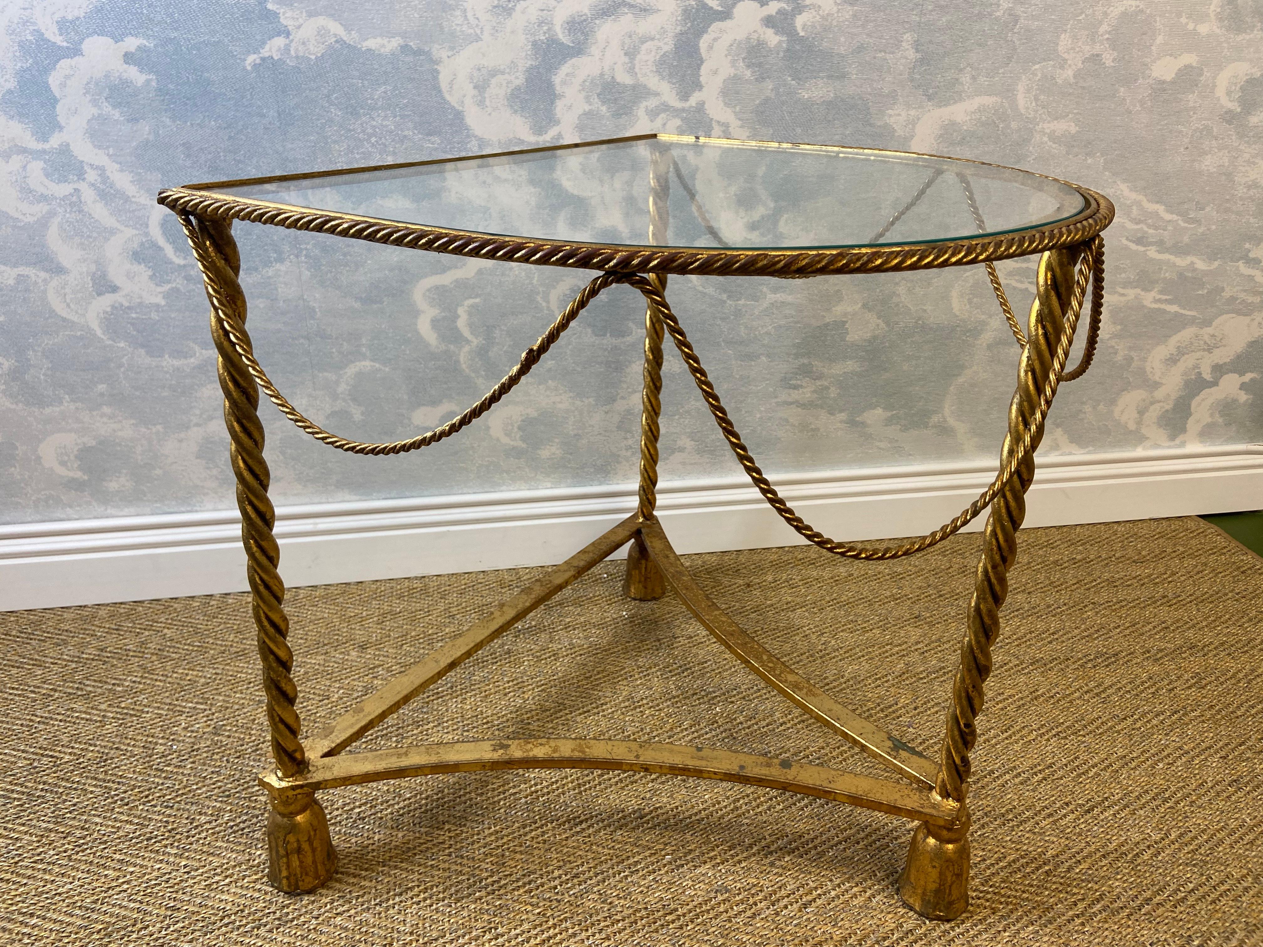 Hollywood Regency Brass Metal Rope Tassel Half Round Side Tables Italy 1970s For Sale 2