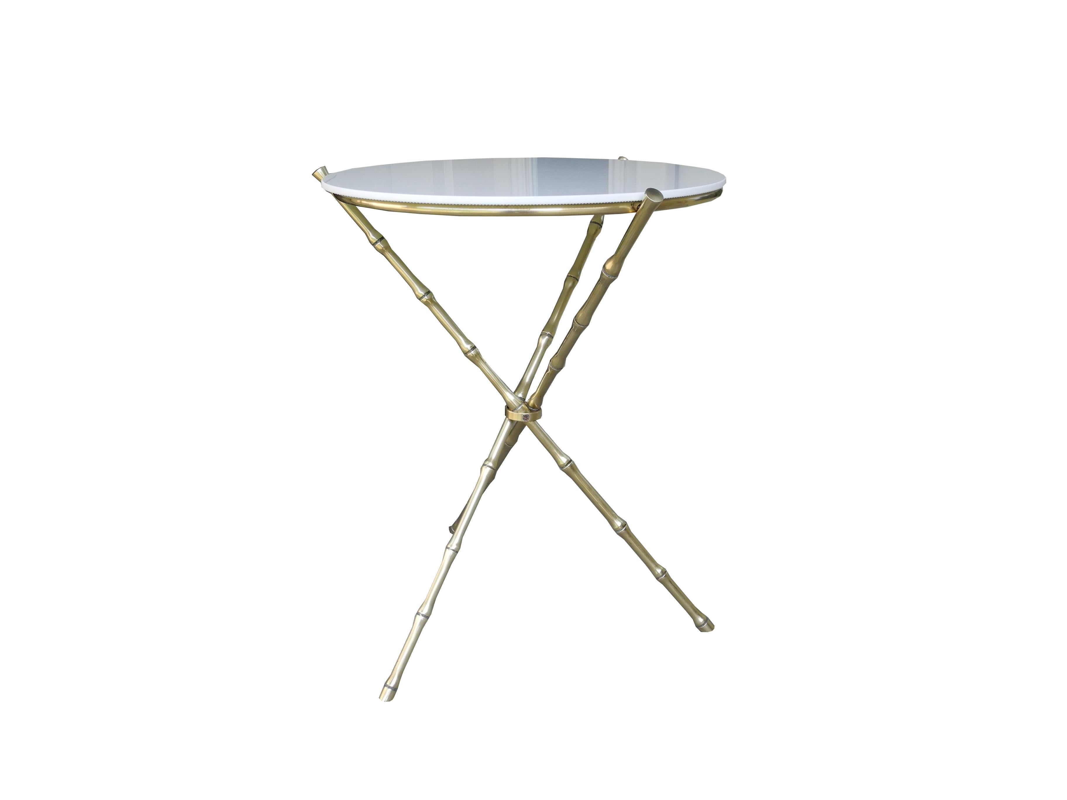  Hollywood Regency Brass / Milk Glass Tripod Side Table, Manner of Maison Baguès In Good Condition For Sale In Hudson, NY