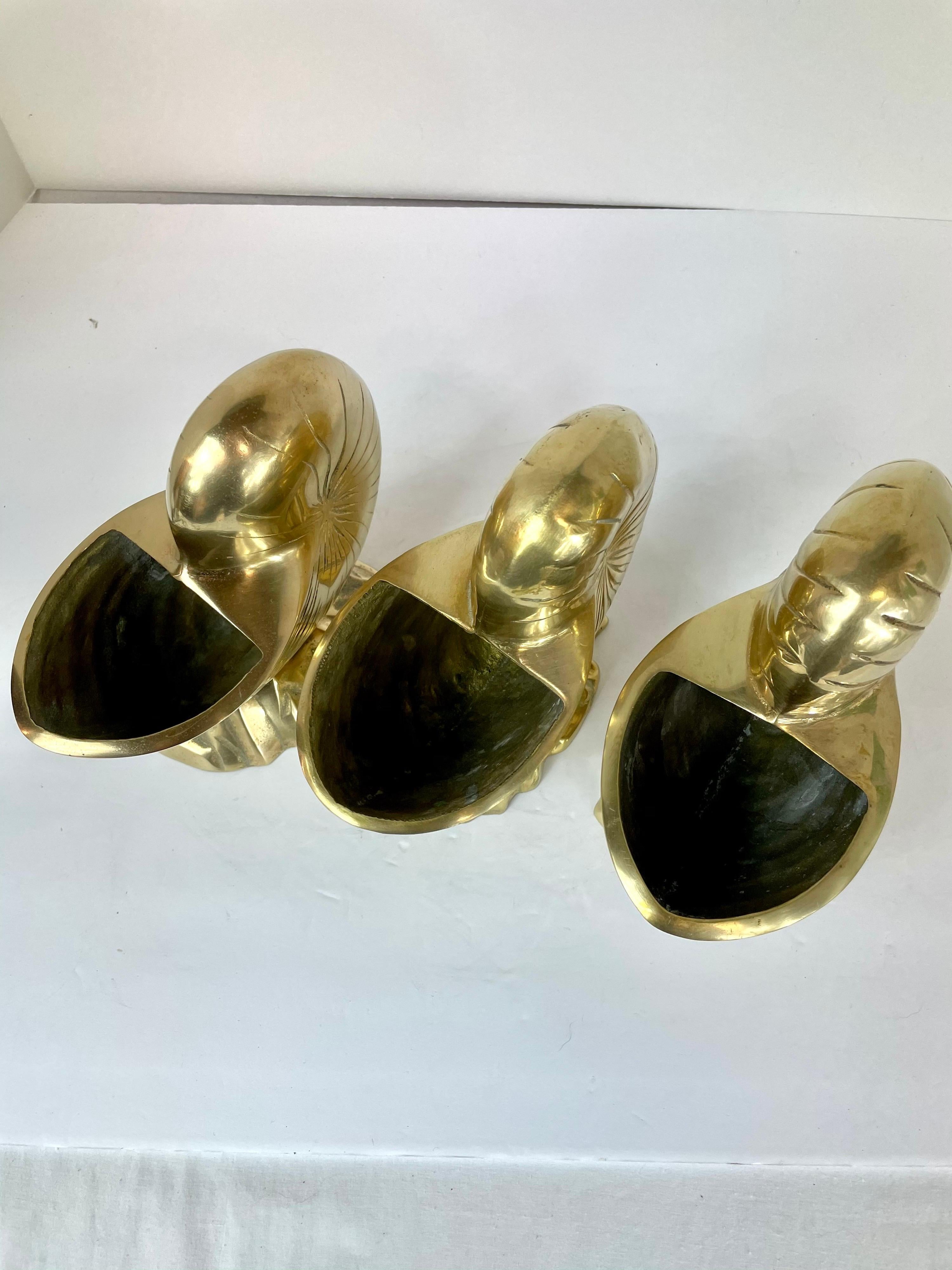 Hollywood Regency Brass Nautilus Seashell Planter Set of Three 1