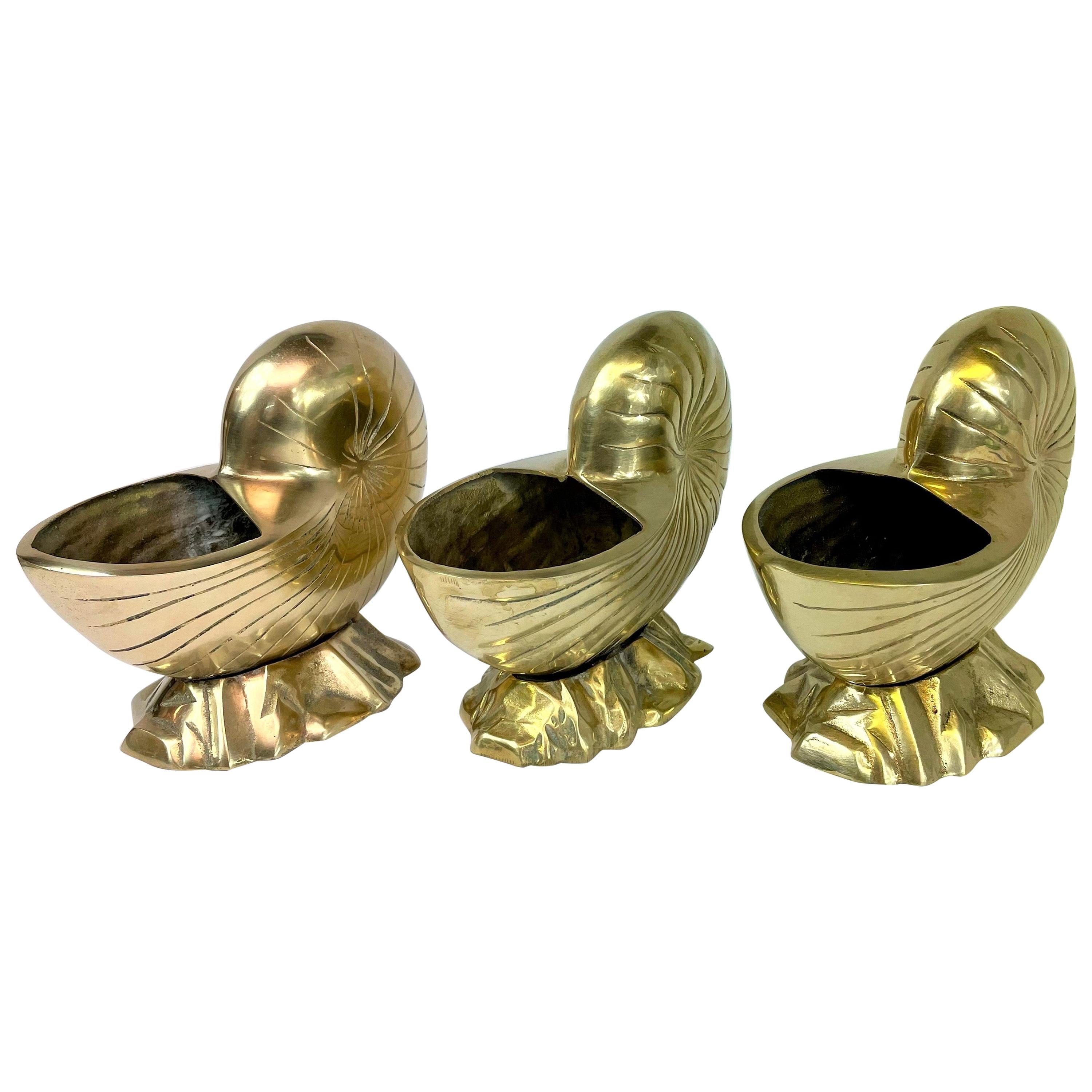 Hollywood Regency Brass Nautilus Seashell Planter Set of Three