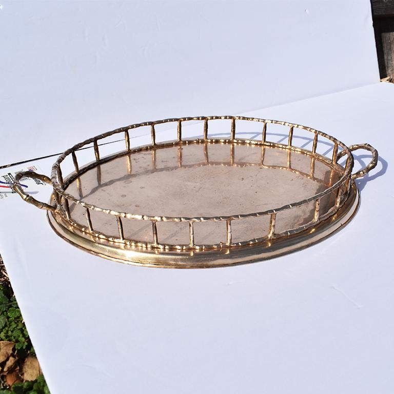 Hollywood Regency Brass Oval Faux Bamboo Serving Tray, Made in India at