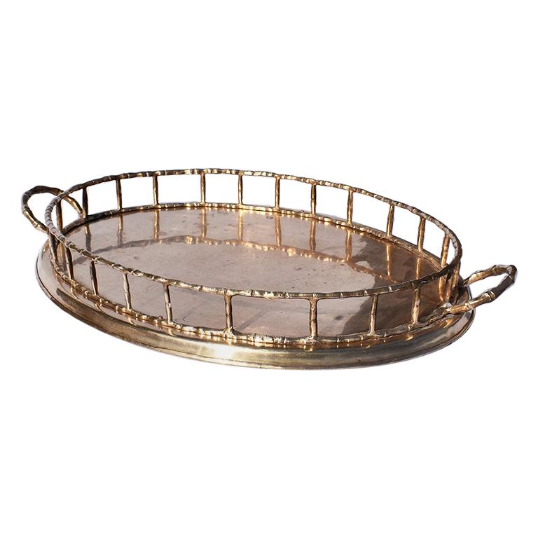 Hollywood Regency Brass Oval Faux Bamboo Serving Tray, Made in India