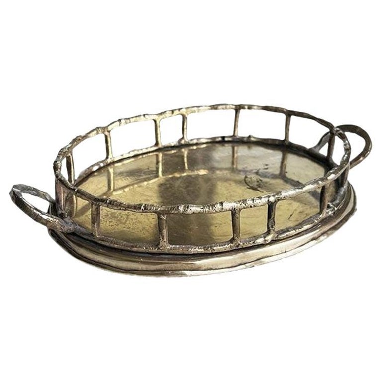 Vintage Round Brass Bamboo Gallery Tray