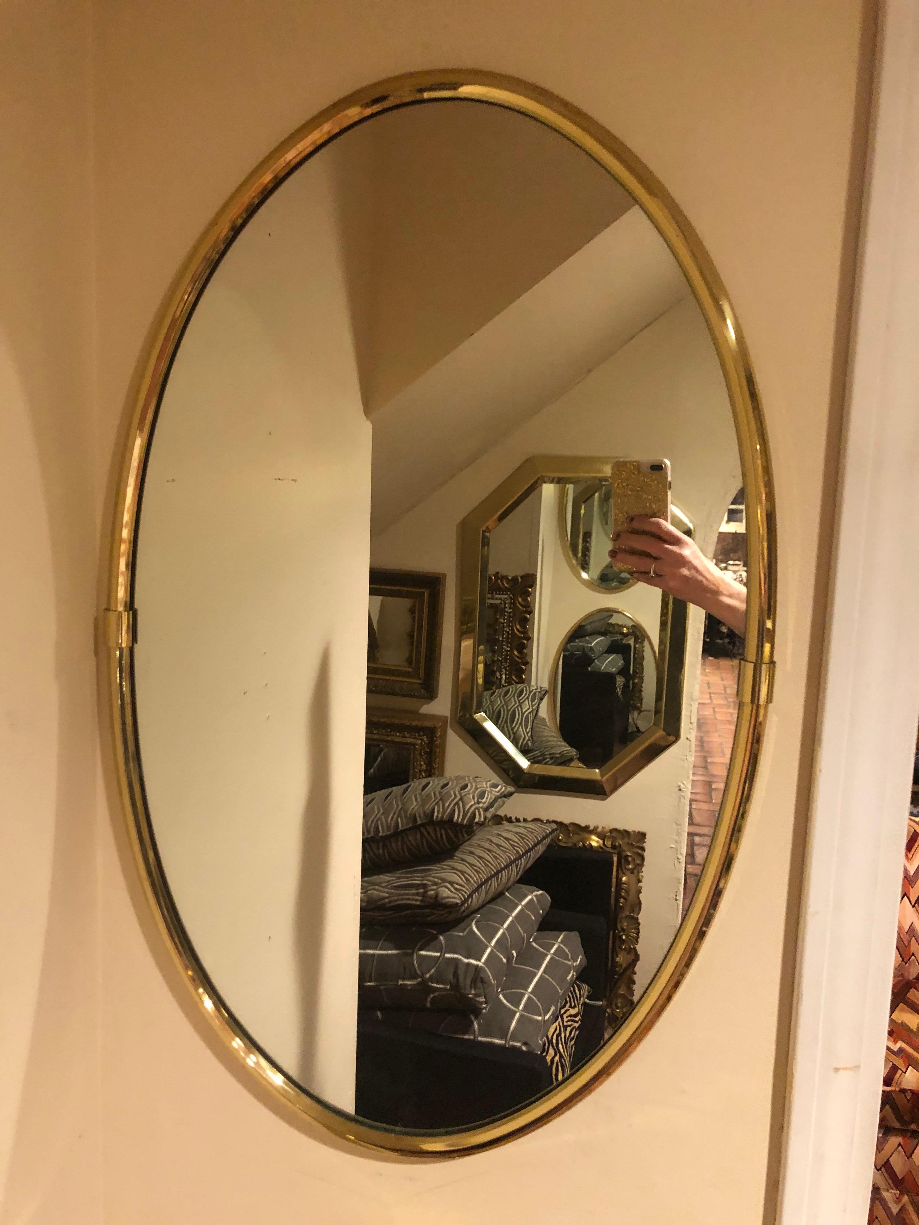 Beveled Hollywood Regency Brass Oval Mirror