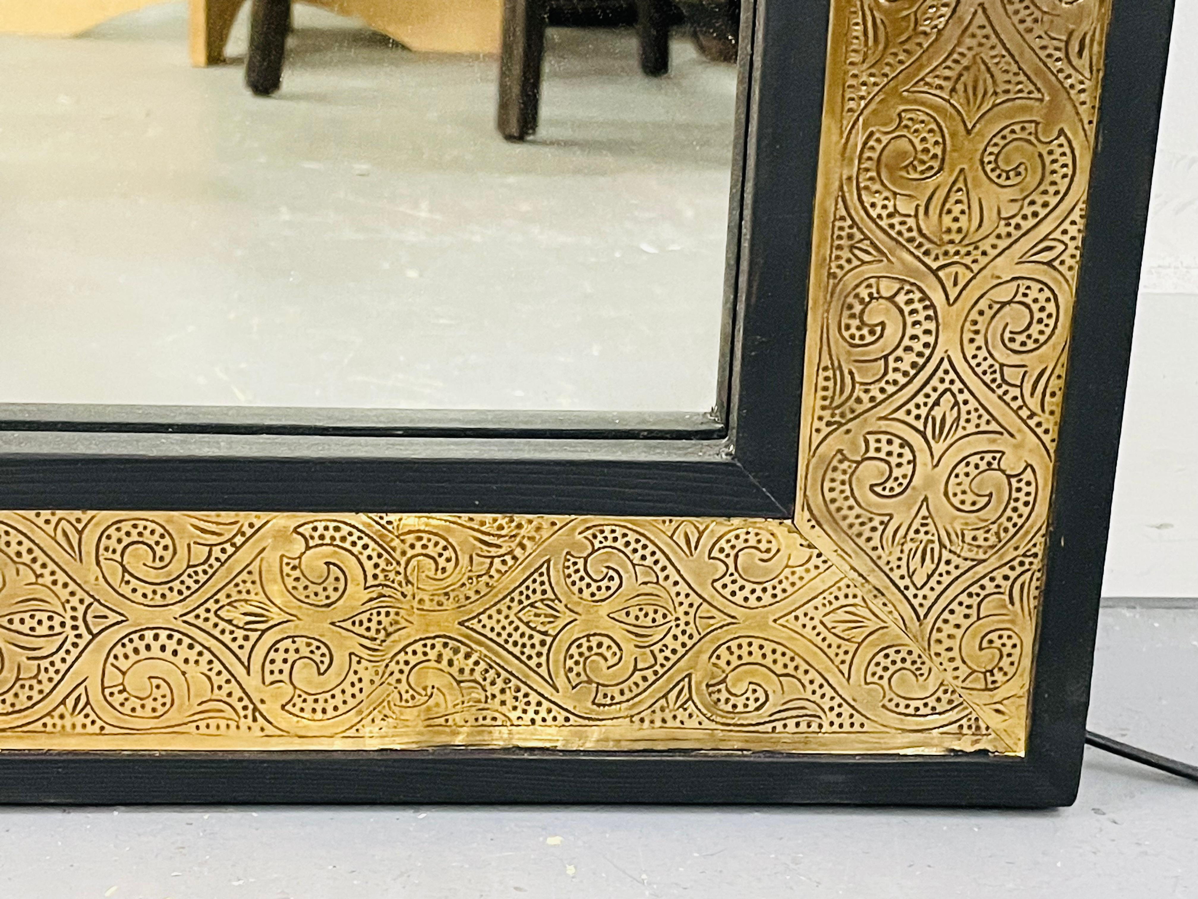Hollywood Regency Brass over Ebonized Wood Filigree Pier or Wall Mirror, a Pair For Sale 4