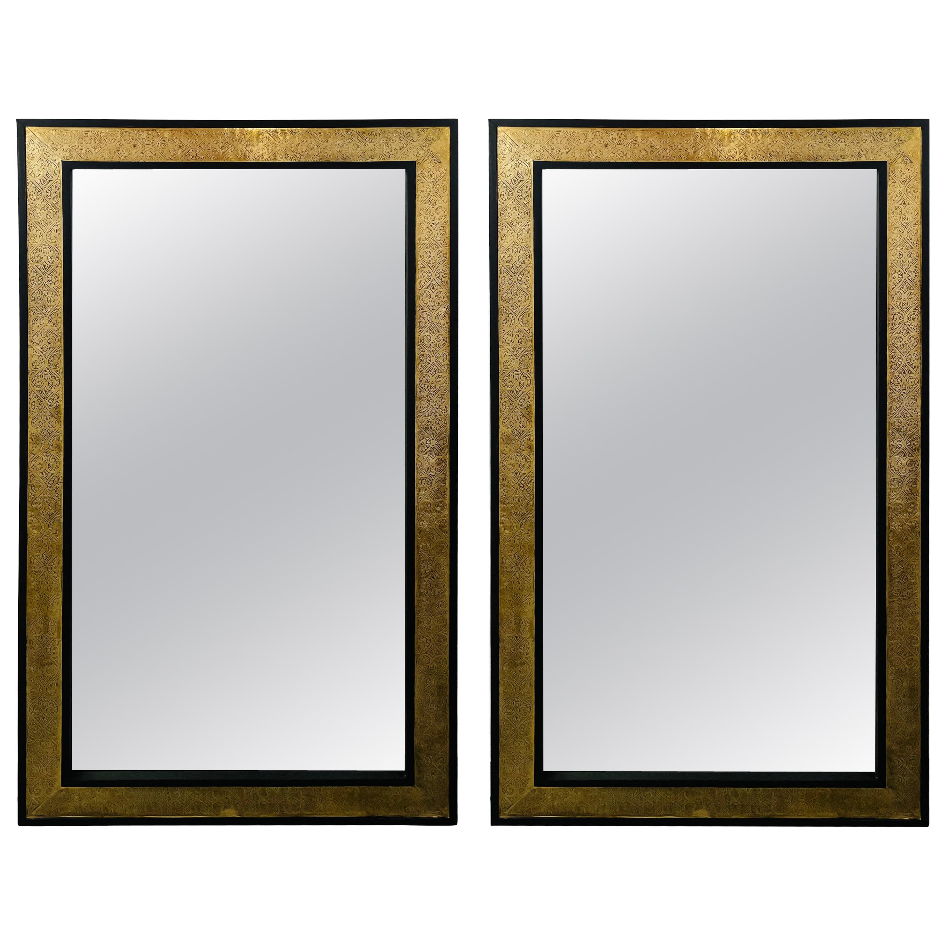 Hollywood Regency Brass over Ebonized Wood Filigree Pier or Wall Mirror, a Pair