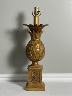 Hollywood Regency Brass Pineapple Lamp on Plinth in Antiqued Gold Finish