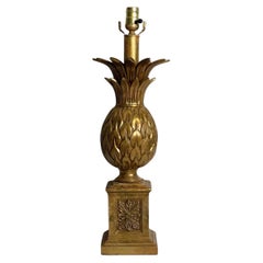 Hollywood Regency Brass Pineapple Lamp on Plinth in Antiqued Gold Finish
