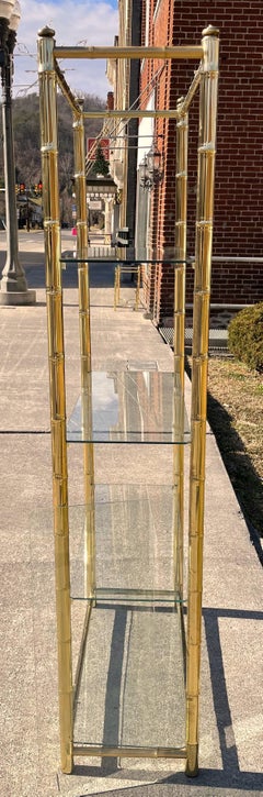 Hollywood Regency Brass Plated Metal Faux Bamboo Bookcase w/ 5 Glass Shelves