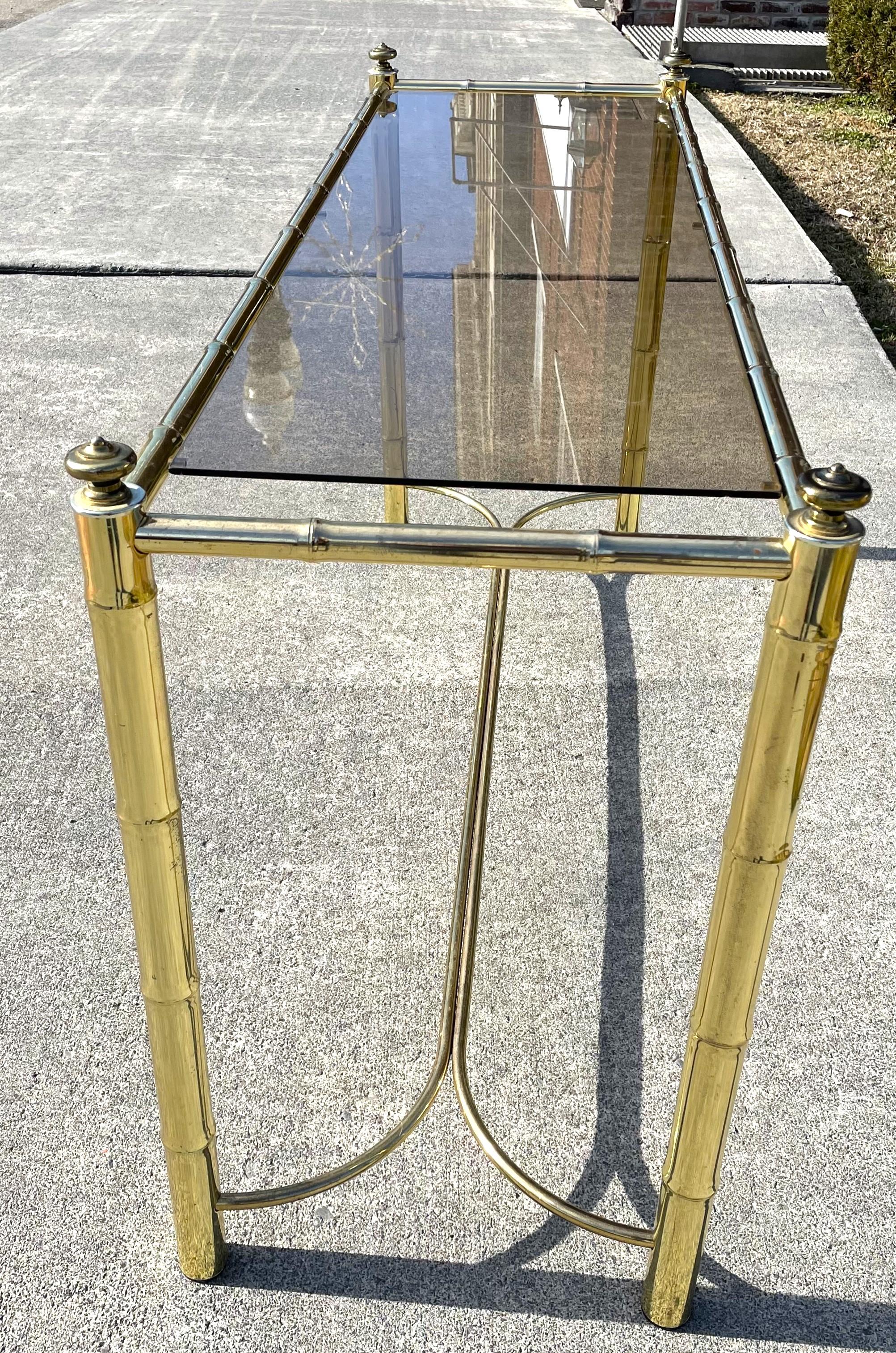 Unknown Hollywood Regency Brass Plated Metal Faux Bamboo Glass Top Console Table  For Sale