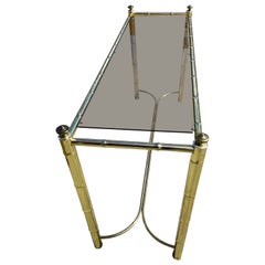 Hollywood Regency Brass Plated Metal Faux Bamboo Glass Top Console Table