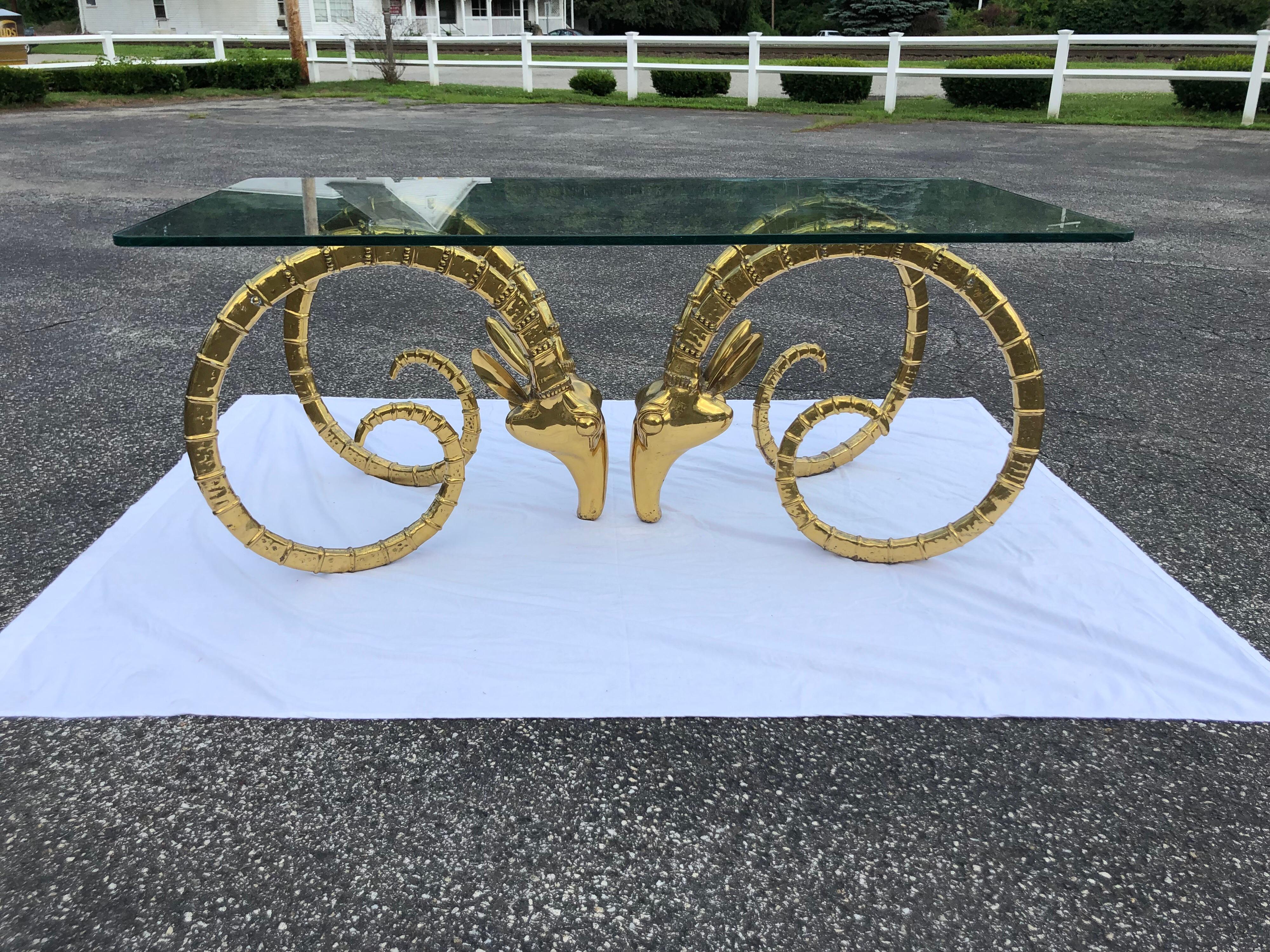 Hollywood Regency Brass Ram Head Dining Table in the manner of Alain Chervet In Good Condition In Redding, CT