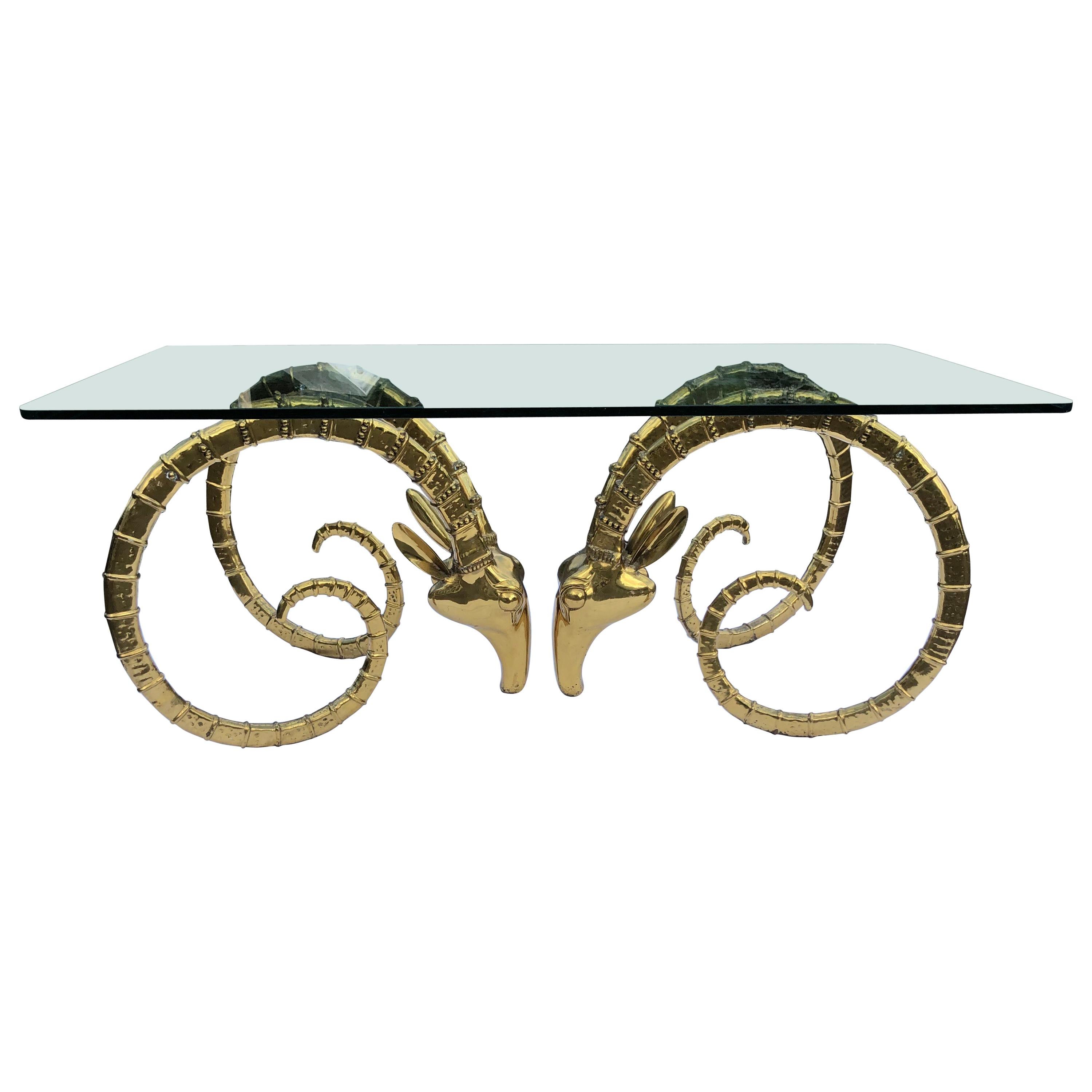 Hollywood Regency Brass Ram Head Dining Table in the manner of Alain Chervet