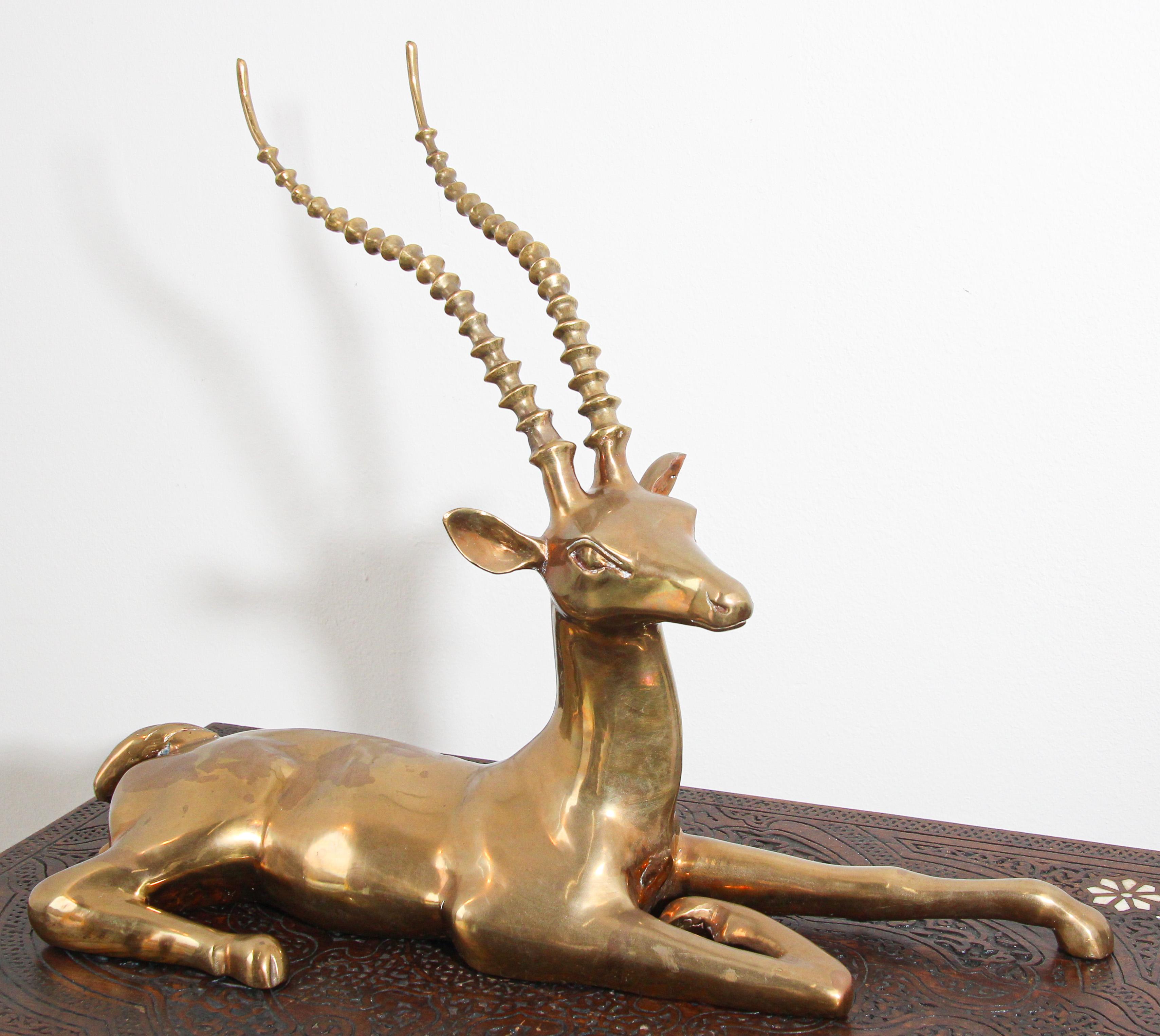 Hollywood Regency Brass Resting Antelope Stag Large Sculpture 3