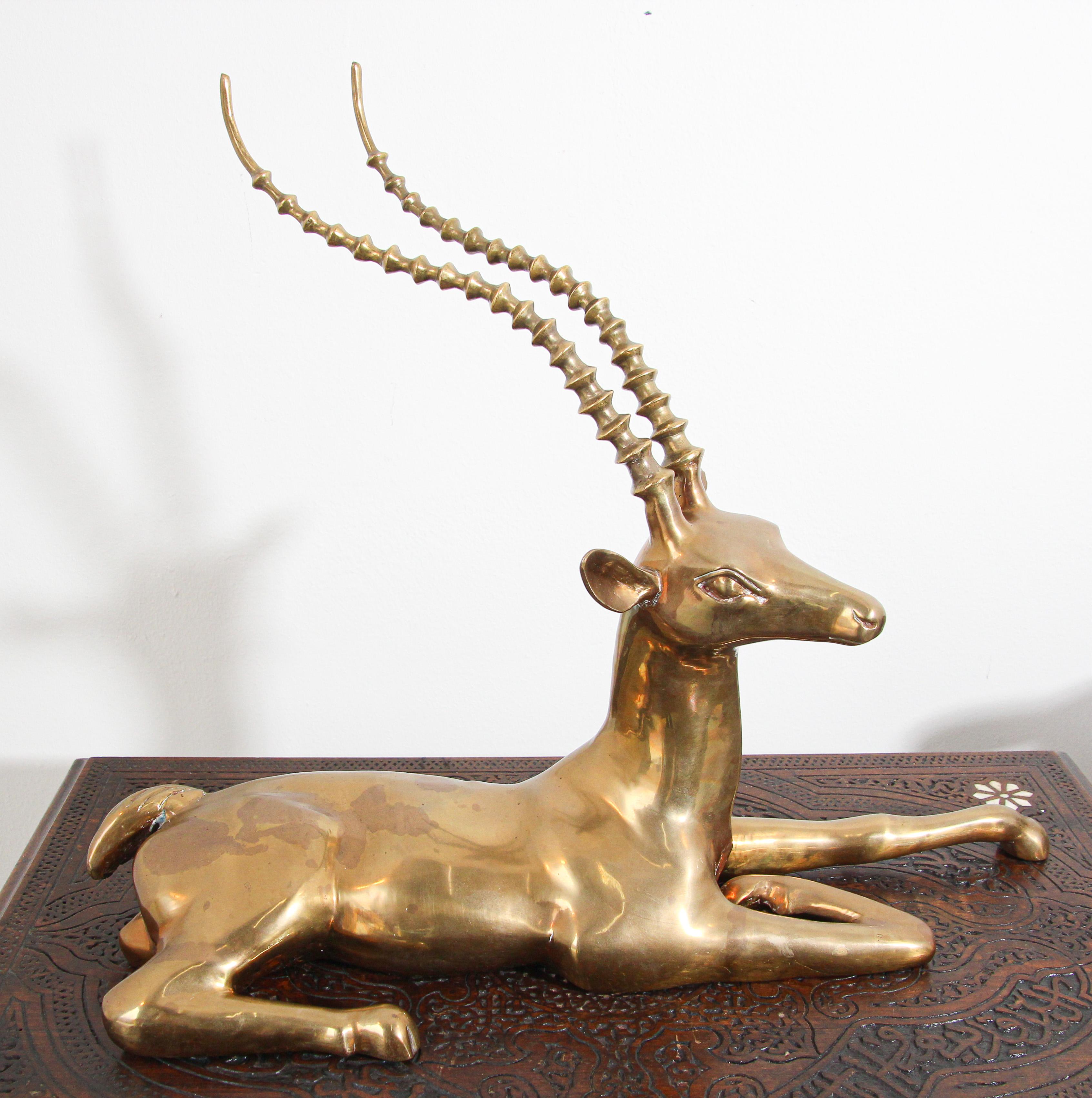 Hollywood Regency Brass Resting Antelope Stag Large Sculpture 5
