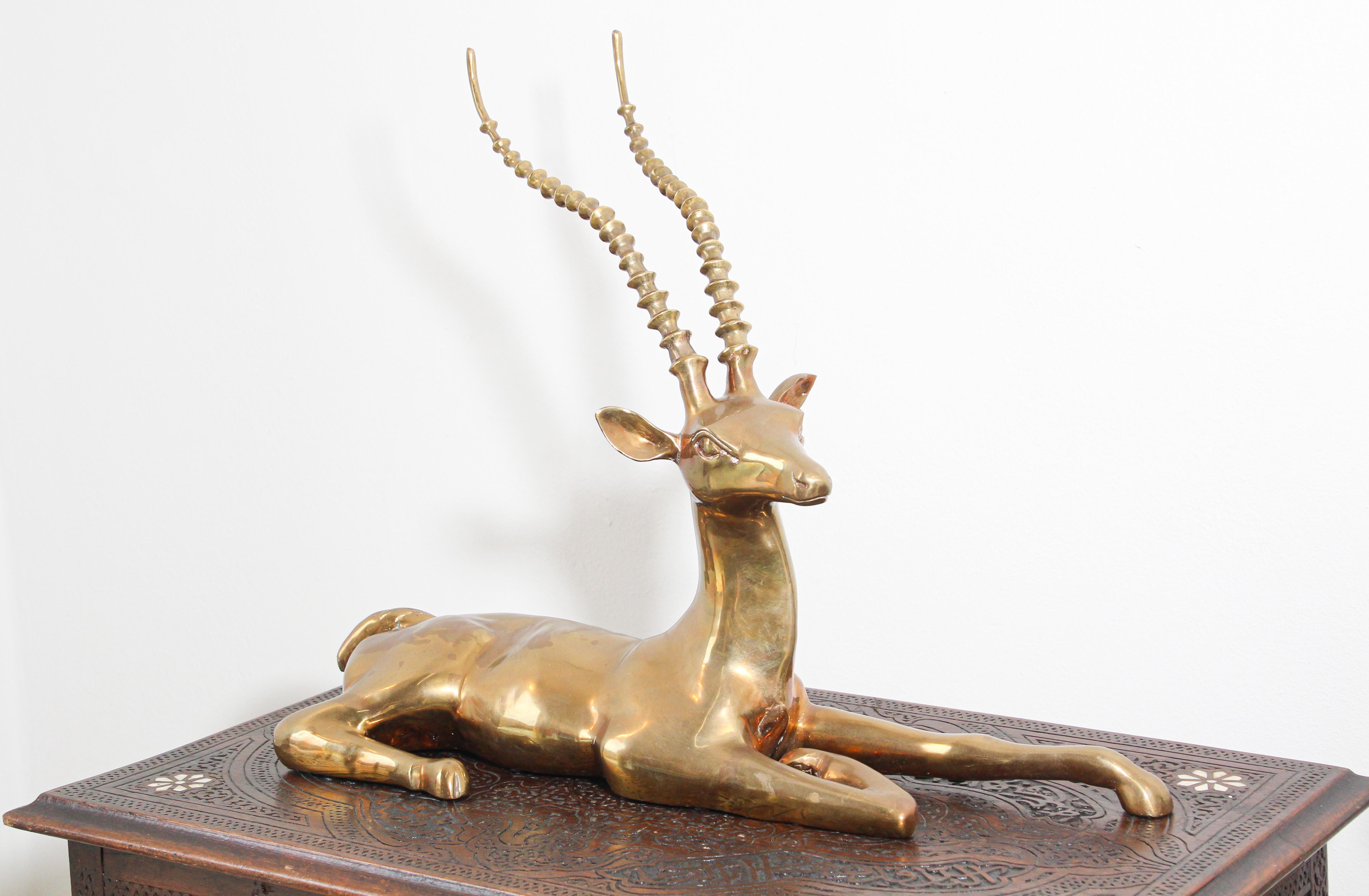 Hollywood Regency Brass Resting Antelope Stag Large Sculpture 8