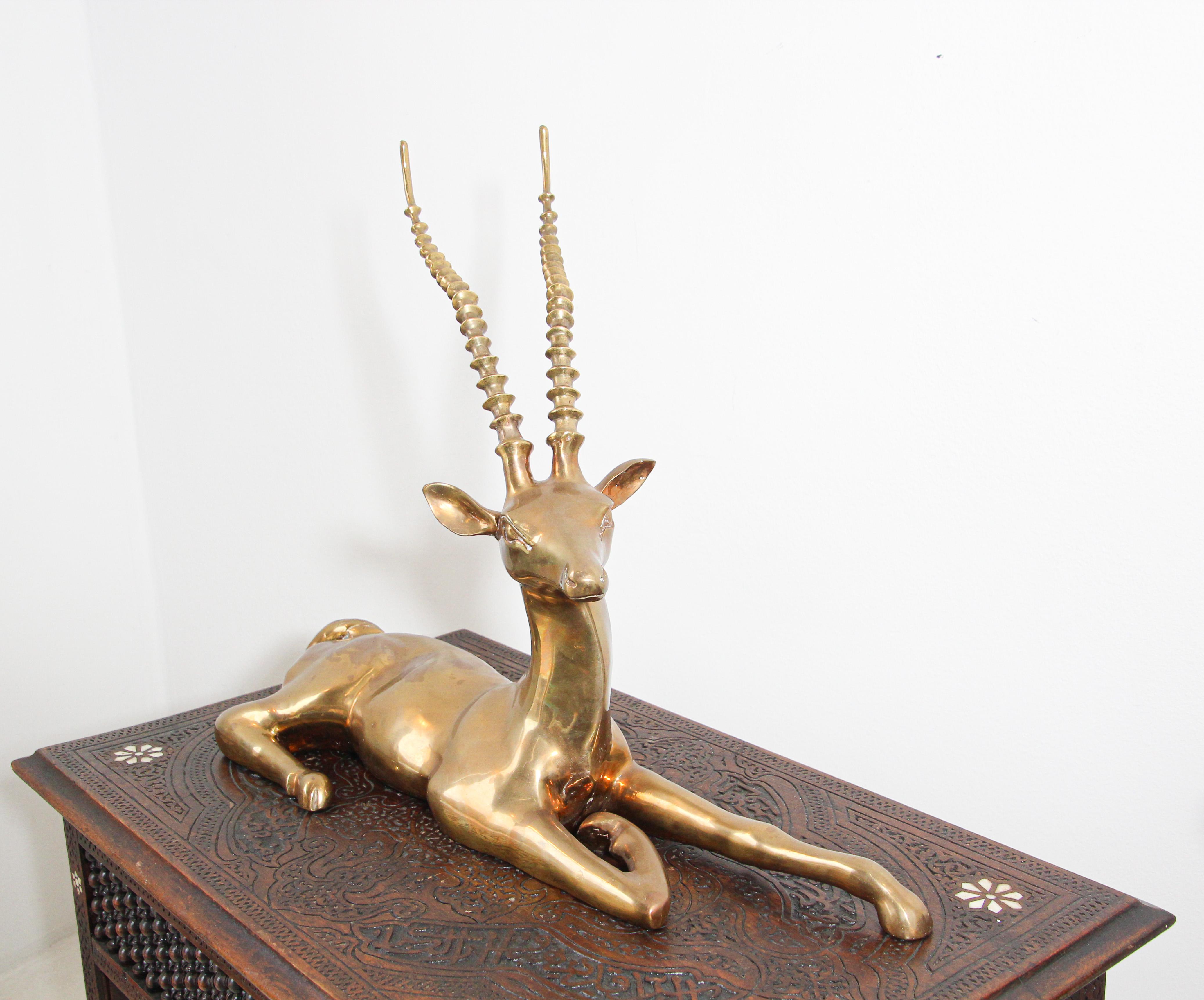 Hollywood Regency Brass Resting Antelope Stag Large Sculpture 9
