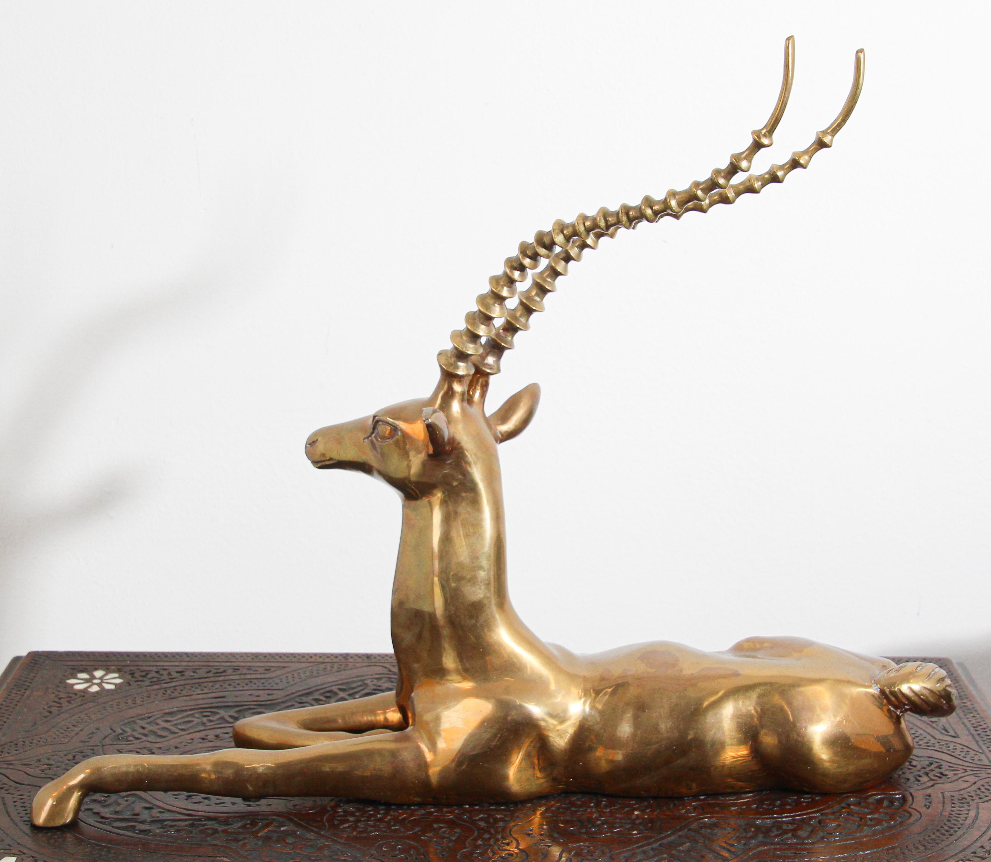 Hollywood Regency Brass Resting Antelope Stag Large Sculpture 11