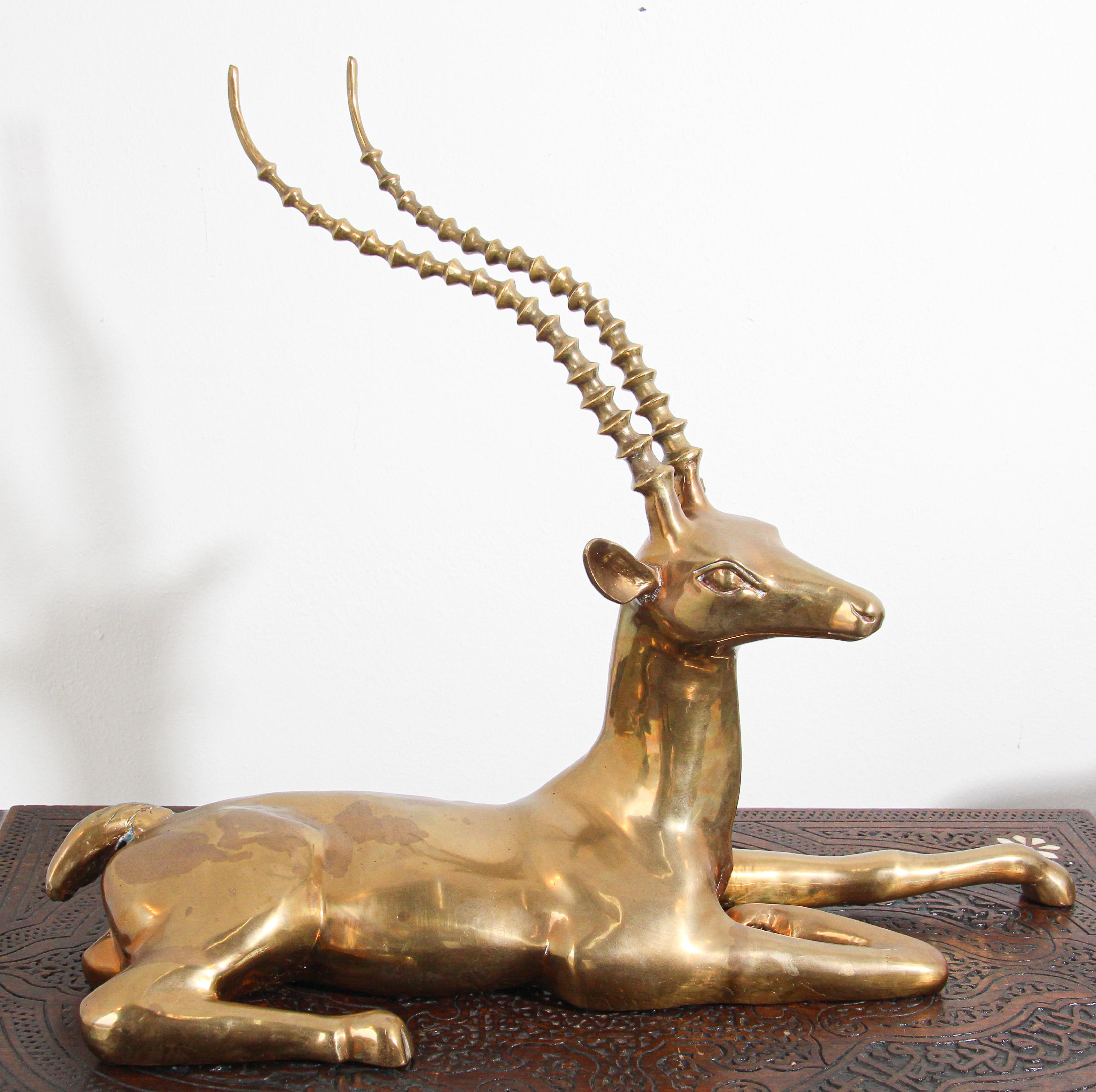 Hollywood Regency Brass Resting Antelope Stag Large Sculpture 1