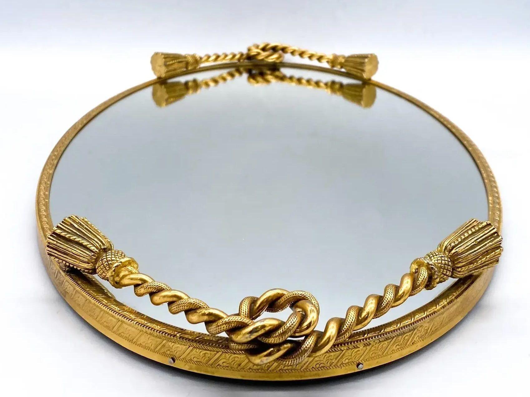 Hollywood Regency Messing Seil und Quaste Spiegel Oval Vanity Tray 1950s (20. Jahrhundert) im Angebot