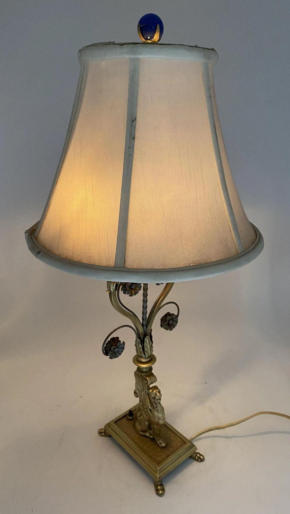 Hollywood Regency Brass Scrolling Griffin Table Lamp w/ Lamp Shade For Sale 1