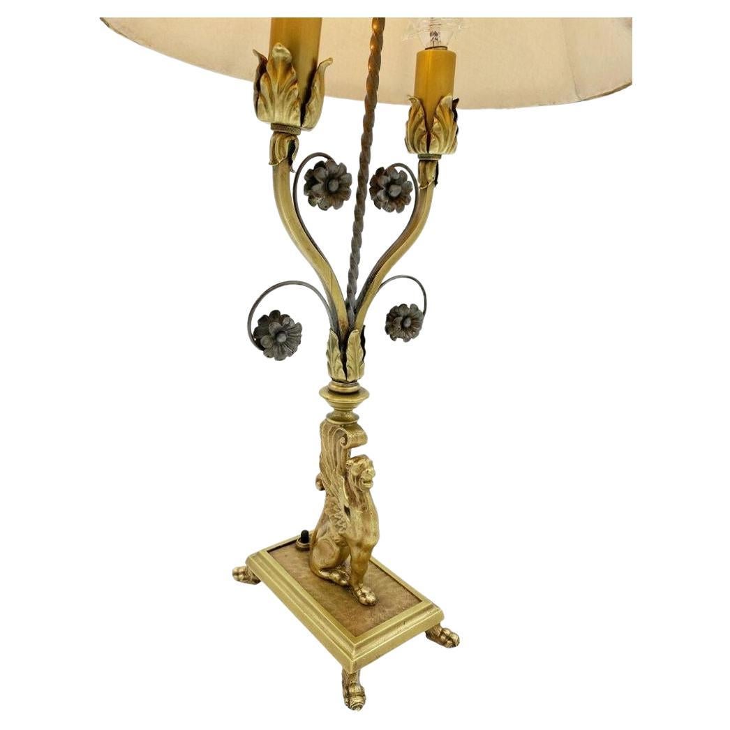 Hollywood Regency Brass Scrolling Griffin Table Lamp w/ Lamp Shade For Sale