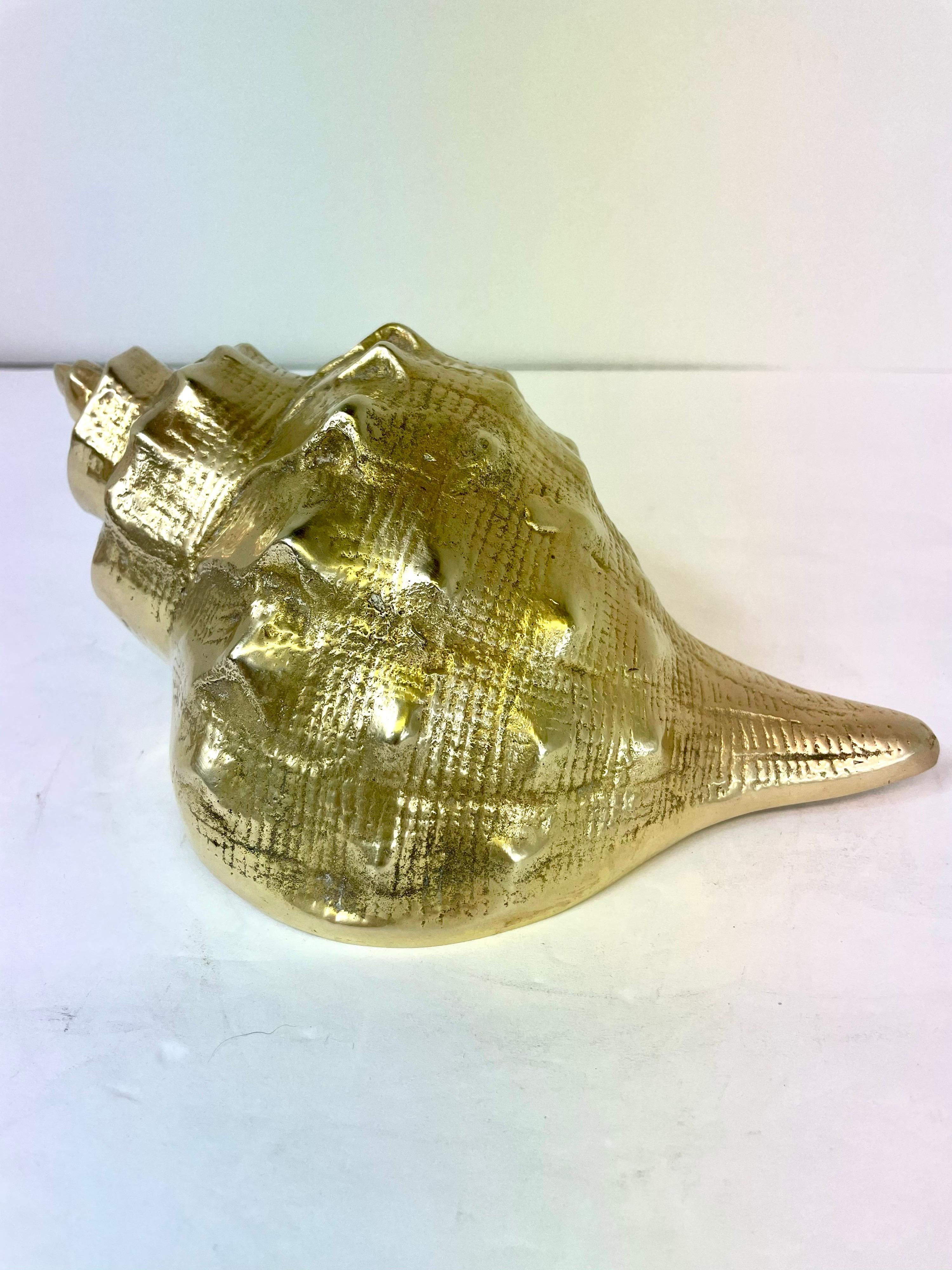 Hollywood Regency brass seashell. Realistic looking. Heavy. Hand polished, 1970s.