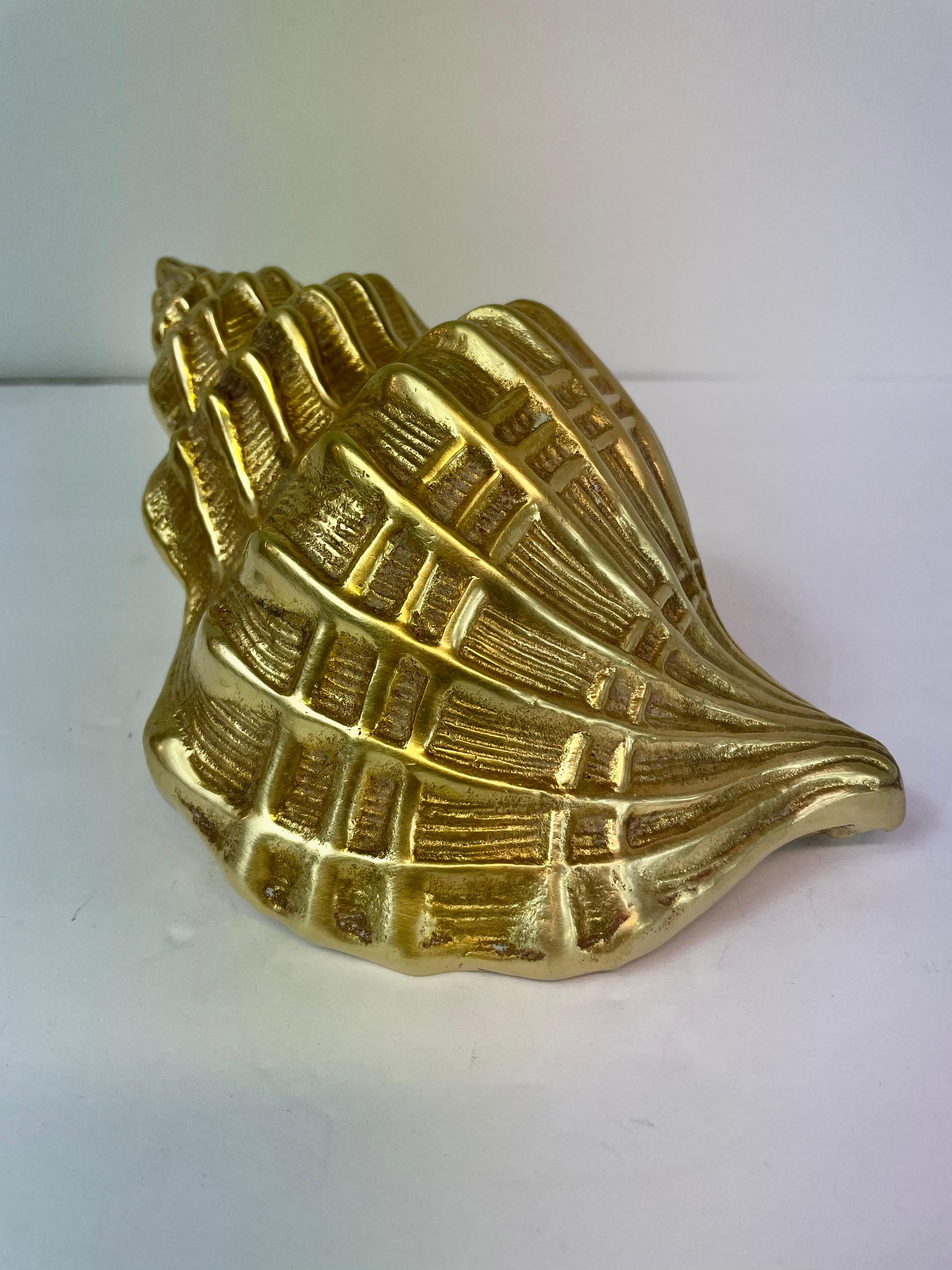 Hollywood Regency brass seashell. Realistic looking. Heavy. Hand polished, 1970s.