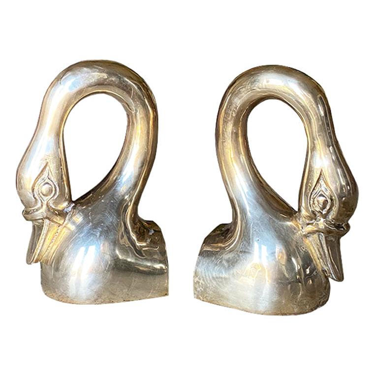 Hollywood Regency Brass Swan Bookends, A Pair