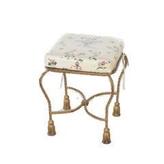 Hollywood Regency Brass Tassel & Rope Form Upholstered Vanity Stool 20thC