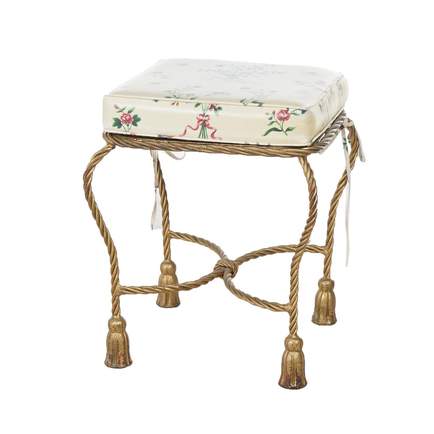 Hollywood Regency Brass Tassel & Rope Form Upholstered Vanity Stool 20thC In Good Condition For Sale In Big Flats, NY