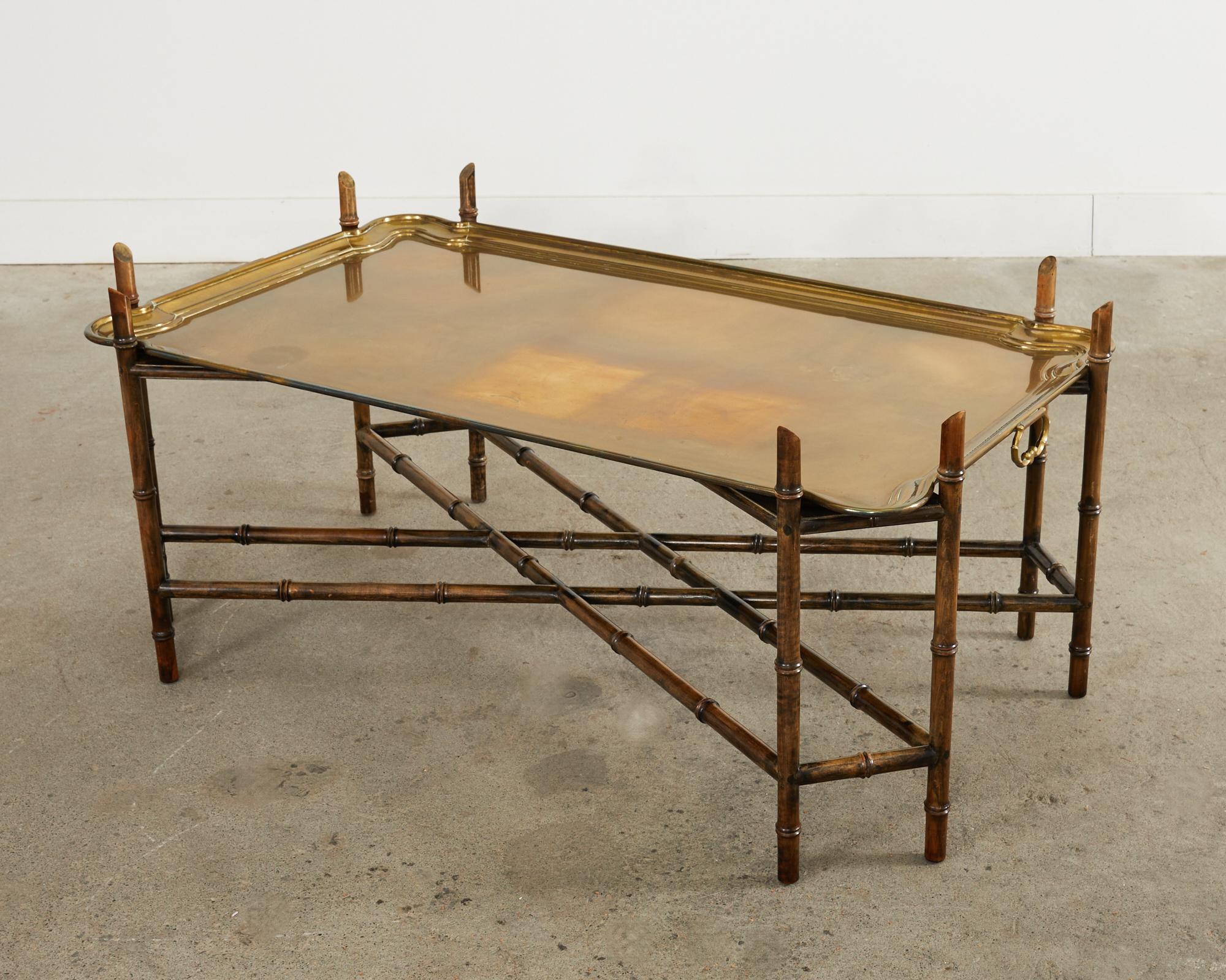 Patinated Hollywood Regency Brass Tray Cocktail Table with Faux Bamboo Legs For Sale