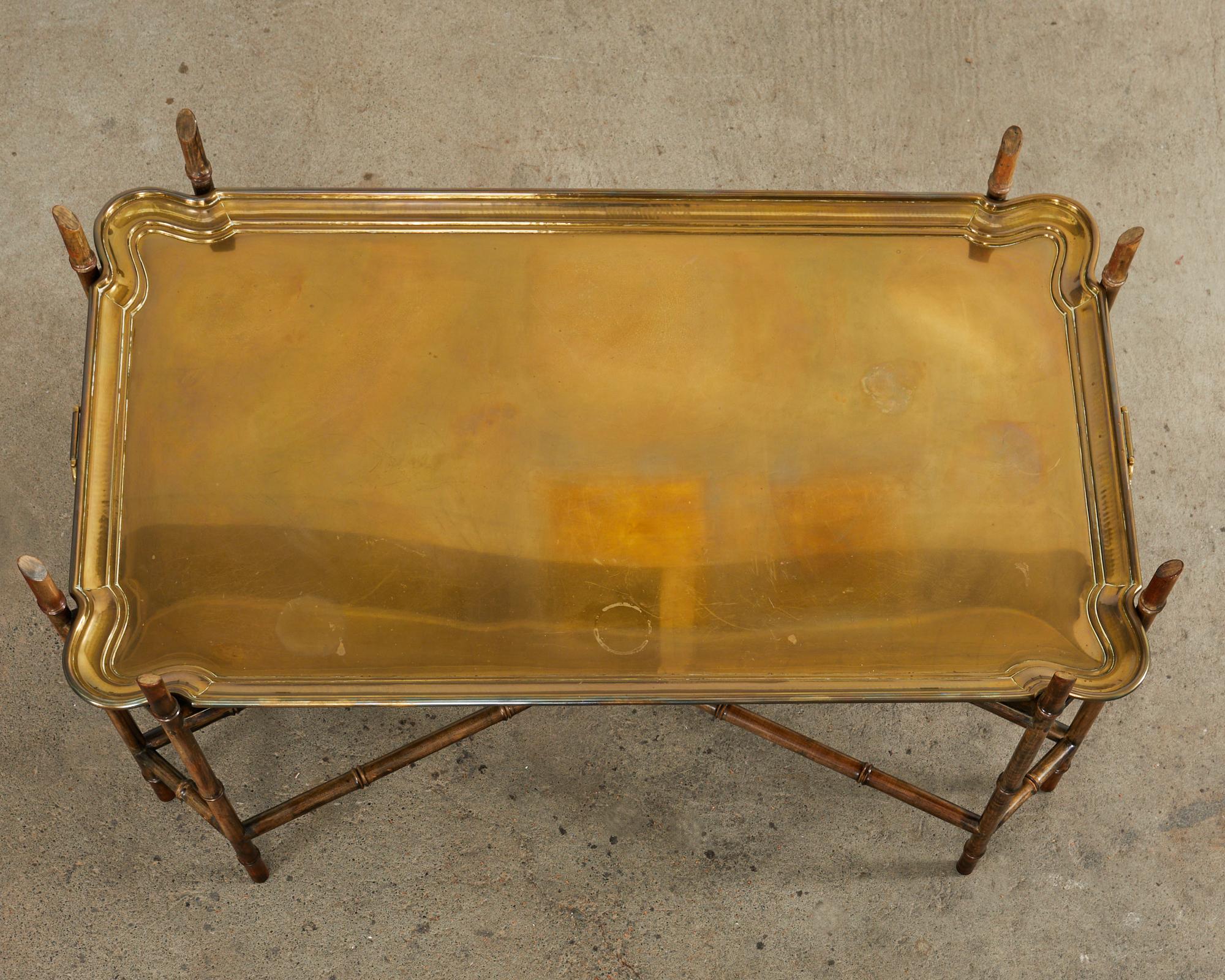 Hollywood Regency Brass Tray Cocktail Table with Faux Bamboo Legs In Good Condition For Sale In Rio Vista, CA
