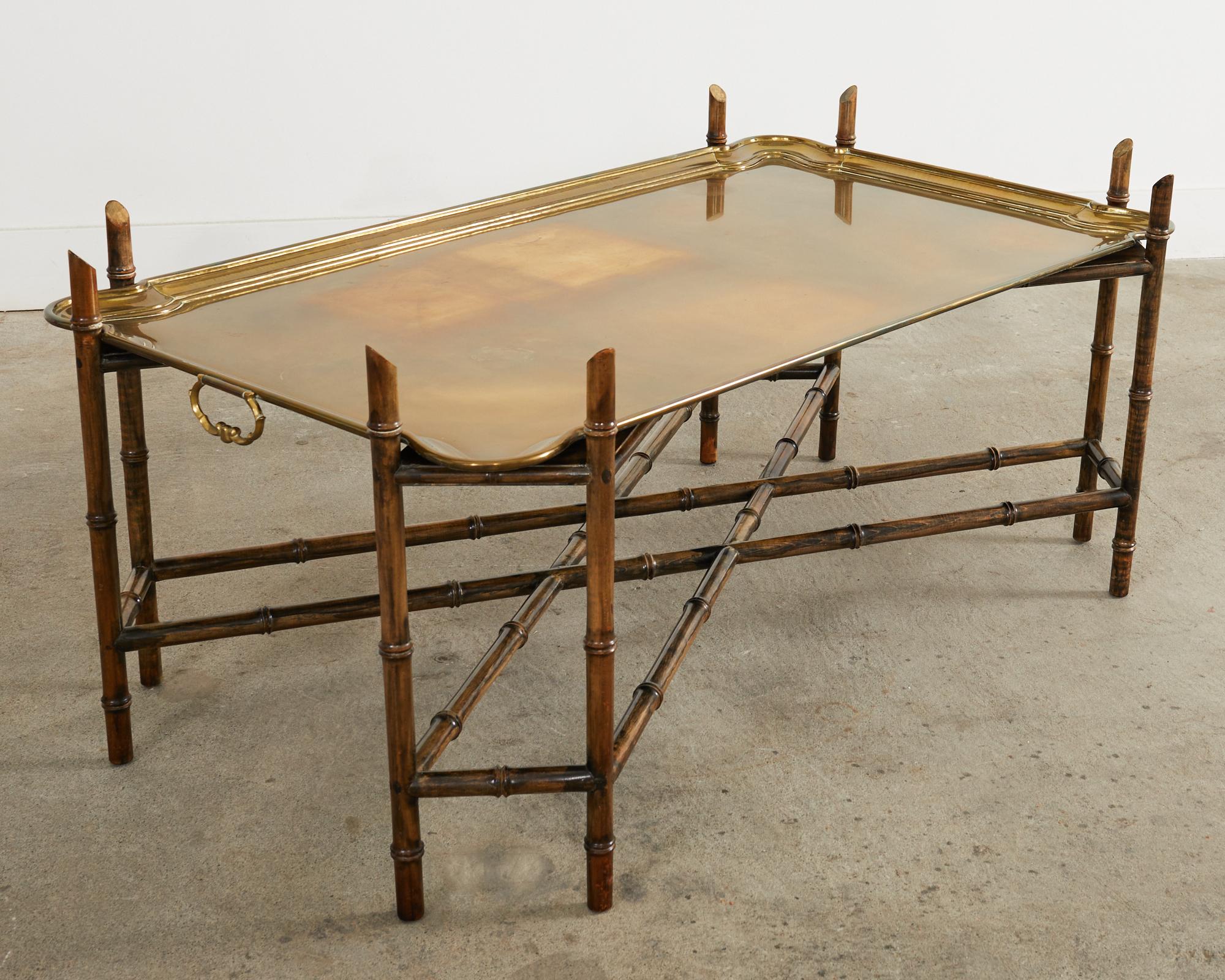 20th Century Hollywood Regency Brass Tray Cocktail Table with Faux Bamboo Legs For Sale