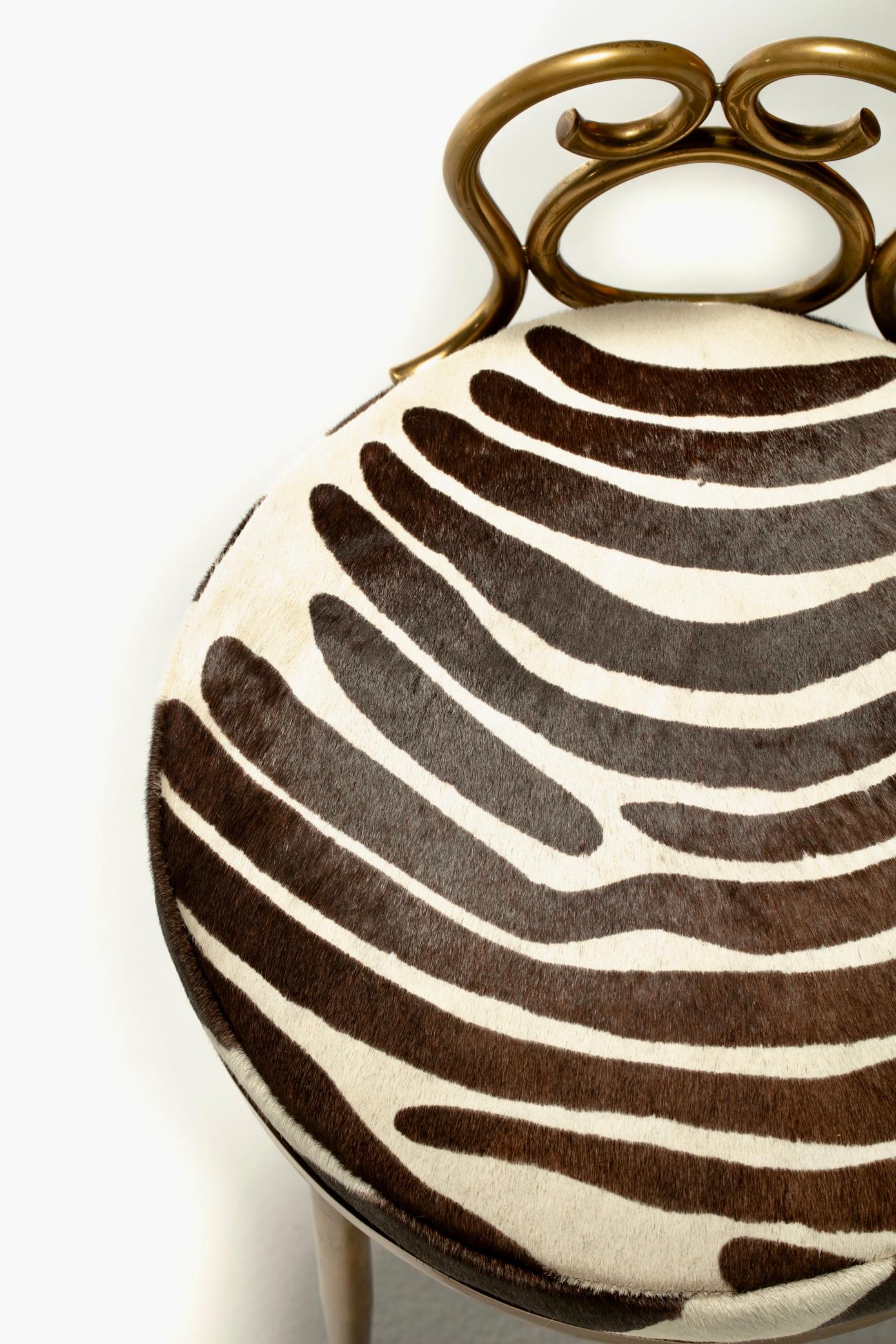 Hollywood Regency Brass Vanity or Dressing Stool in Soft Zebra Print Cowhide For Sale 11